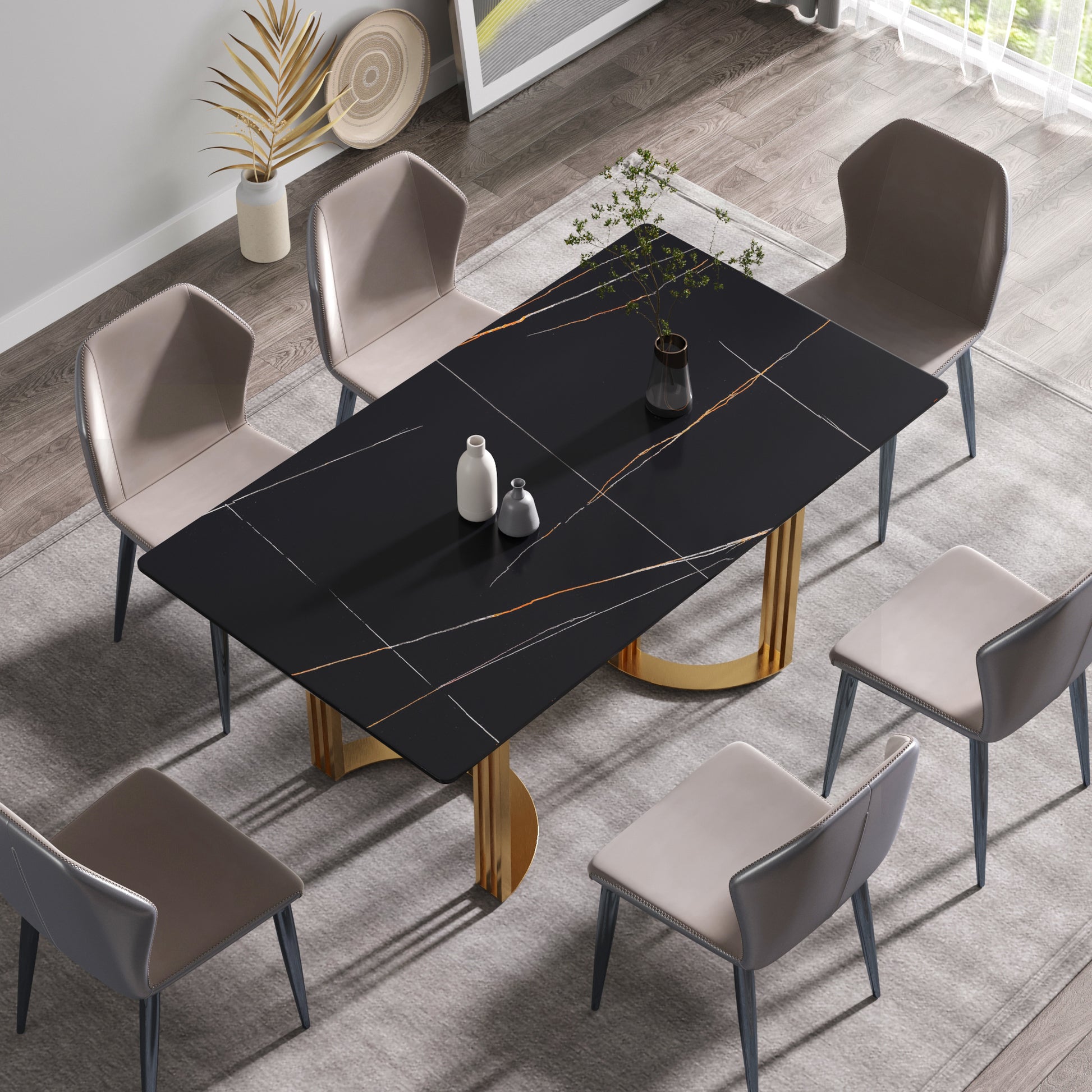 63"Modern Artificial Stone Black Straight Edge Golden Metal Leg Dining Table 6 People Black Metal Sintered Stone