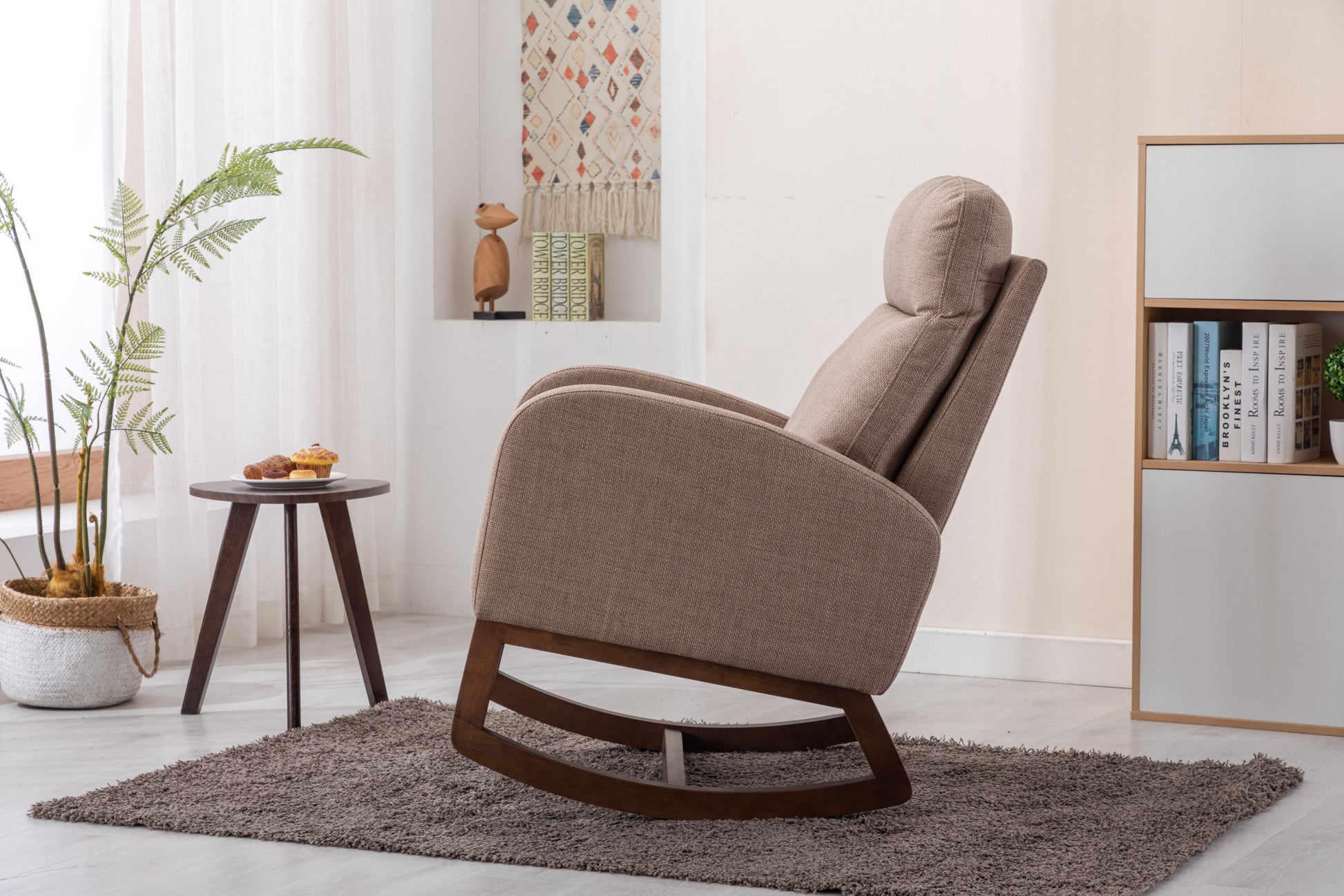 Coolmore Rocking Chair, Modern Glider Chair, Recliner Armchair With Wood Legs And Side Pocket, Nursery Rocking Accent Chair With High Back For Living Room Bedroom Camel Linen Camel Foam Solid Wood