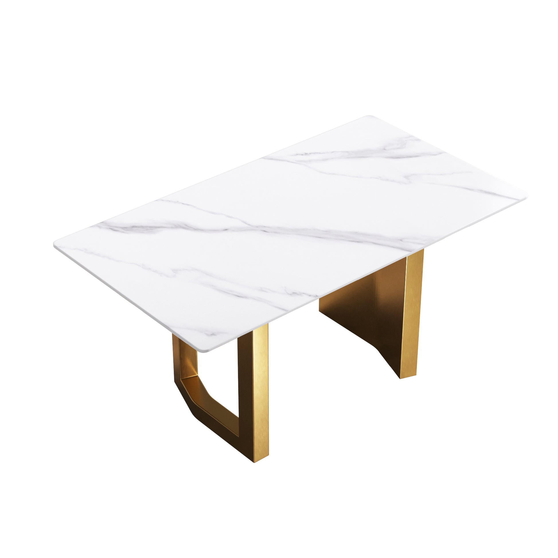 63"Modern Artificial Stone White Straight Edge Golden Metal Leg Dining Table 6 People White Metal Sintered Stone