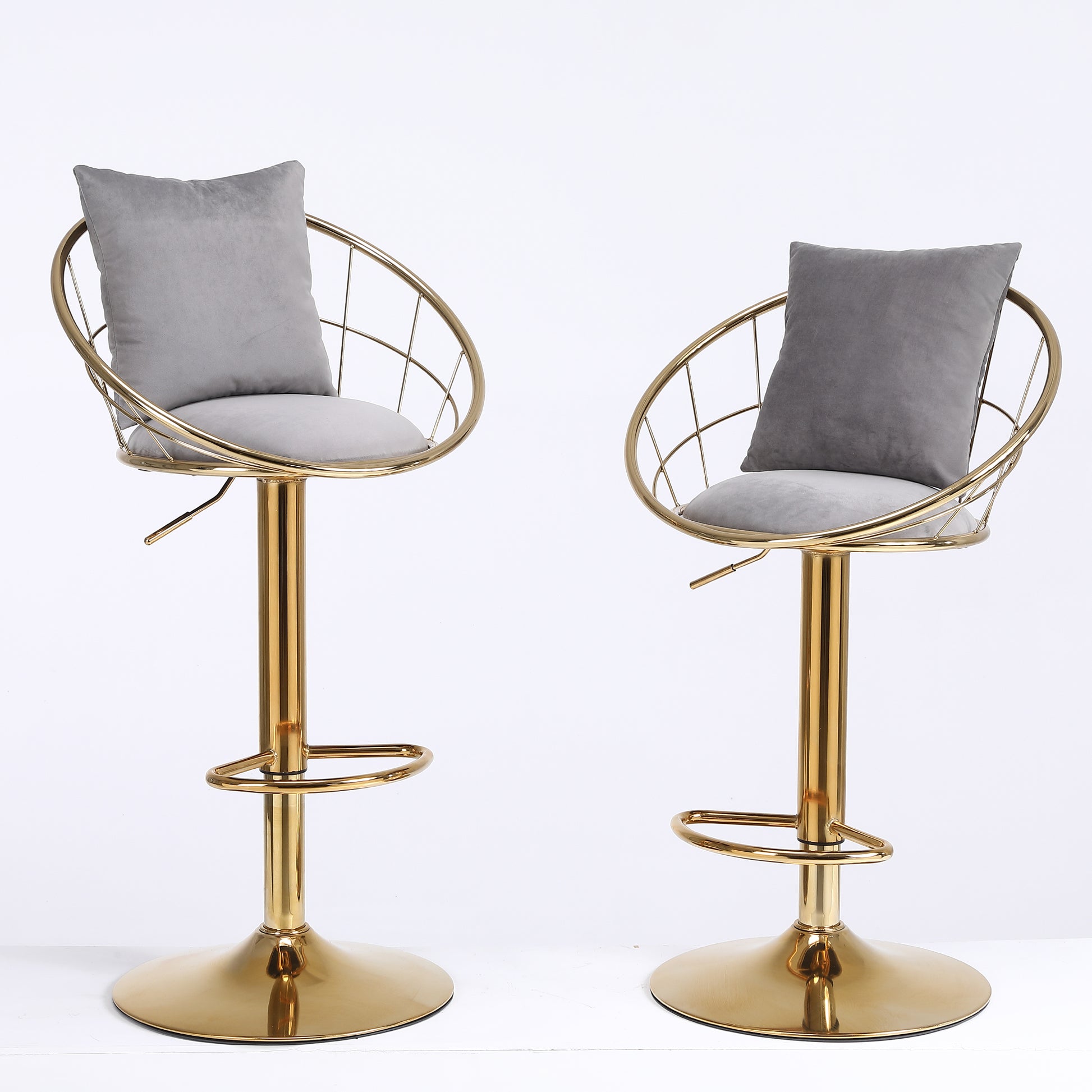 Grey Velvet Bar Chair, Pure Gold Plated, Unique Design,360 Degree Rotation, Adjustable Height,Suitable For Dinning Room And Bar,Set Of 2 Grey Velvet