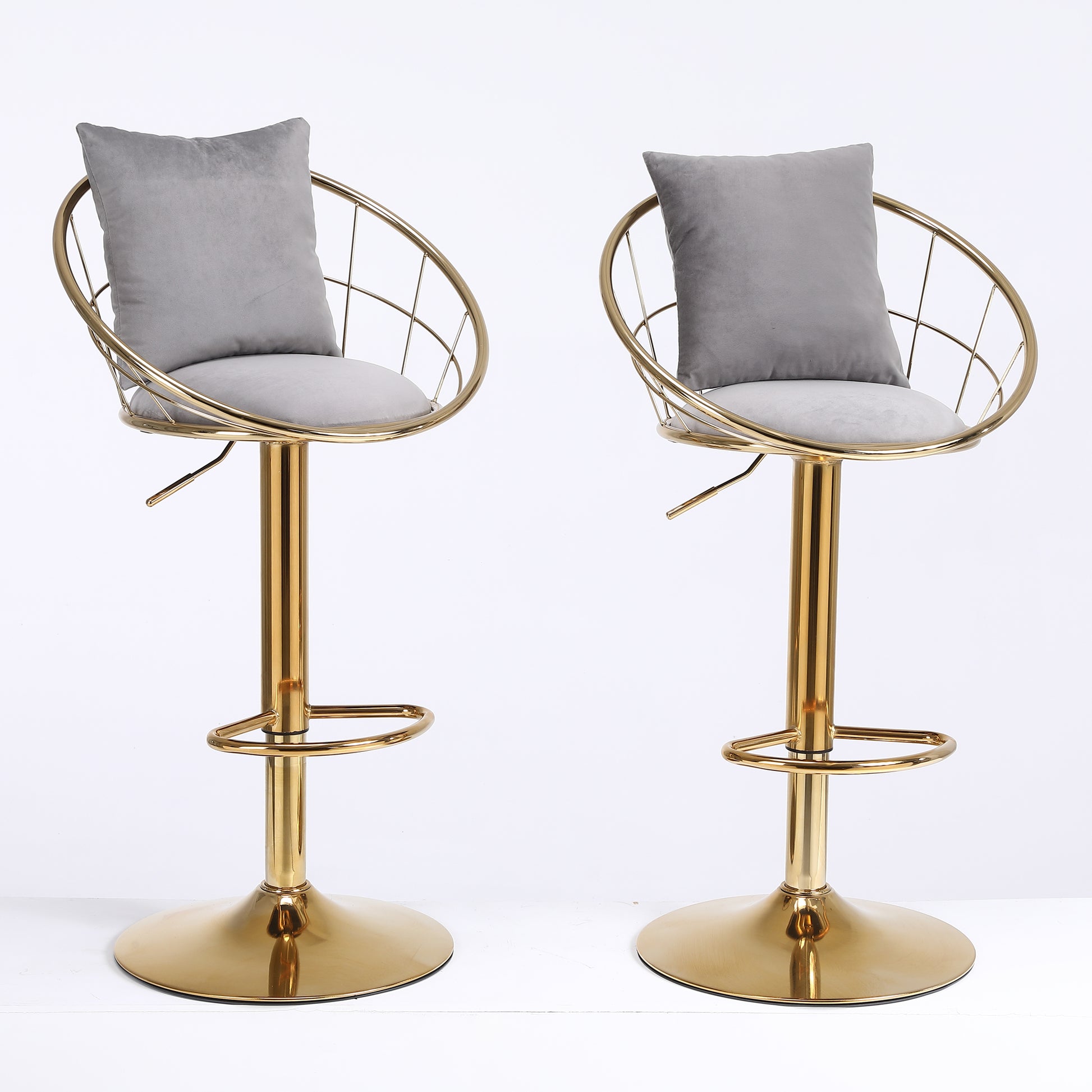 Grey Velvet Bar Chair, Pure Gold Plated, Unique Design,360 Degree Rotation, Adjustable Height,Suitable For Dinning Room And Bar,Set Of 2 Grey Velvet