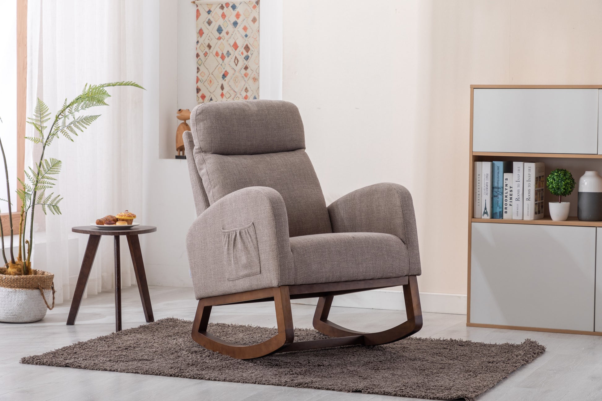 Coolmore Rocking Chair, Modern Glider Chair, Recliner Armchair With Wood Legs And Side Pocket, Nursery Rocking Accent Chair With High Back For Living Room Bedroom Grey Linen Grey Foam Solid Wood