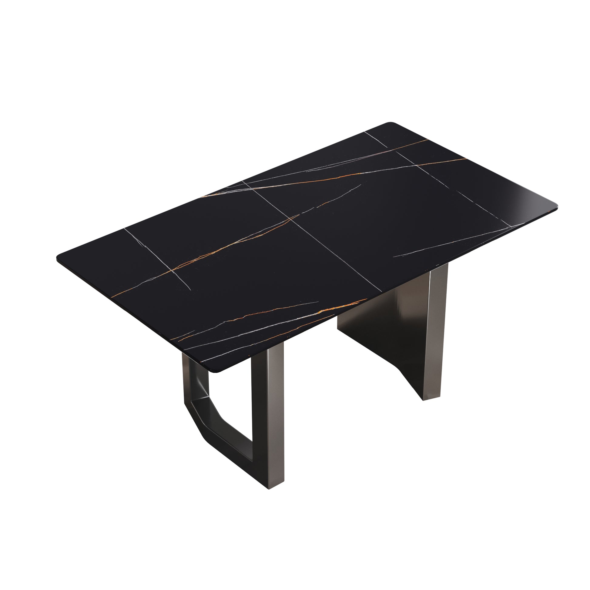 63"Modern Artificial Stone Black Straight Edge Black Metal Leg Dining Table 6 People Black Metal Sintered Stone