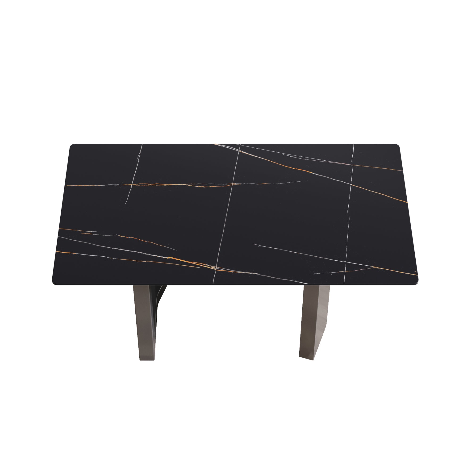 63"Modern Artificial Stone Black Straight Edge Black Metal Leg Dining Table 6 People Black Metal Sintered Stone