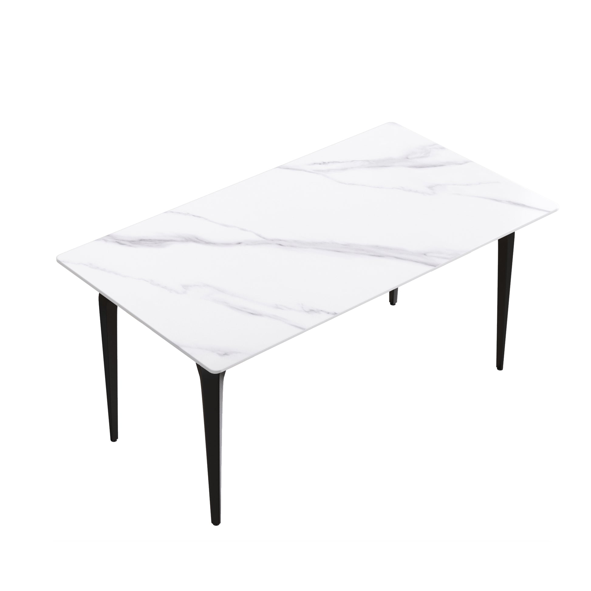 63"Modern Artificial Stone White Straight Edge Black Metal Leg Dining Table 6 People White Metal Sintered Stone