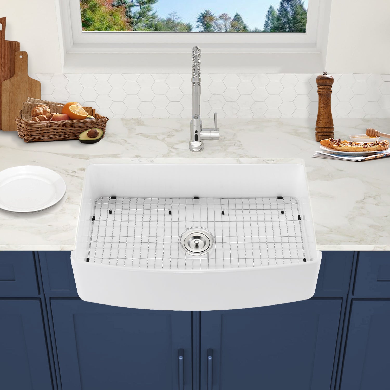 Fireclay 30" L X 20" W Farmhouse Arch Edge Apron Front Single Bowl Kitchen Sink White Fireclay