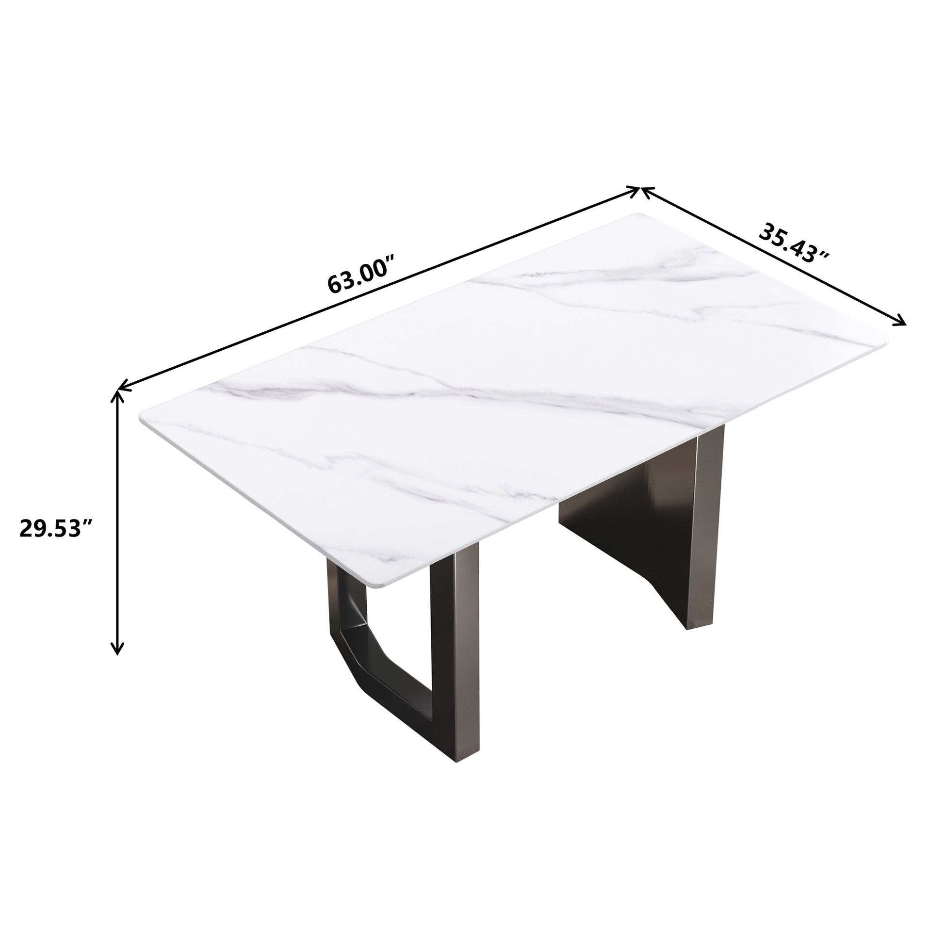 63"Modern Artificial Stone White Straight Edge Black Metal Leg Dining Table 6 People White Metal Sintered Stone