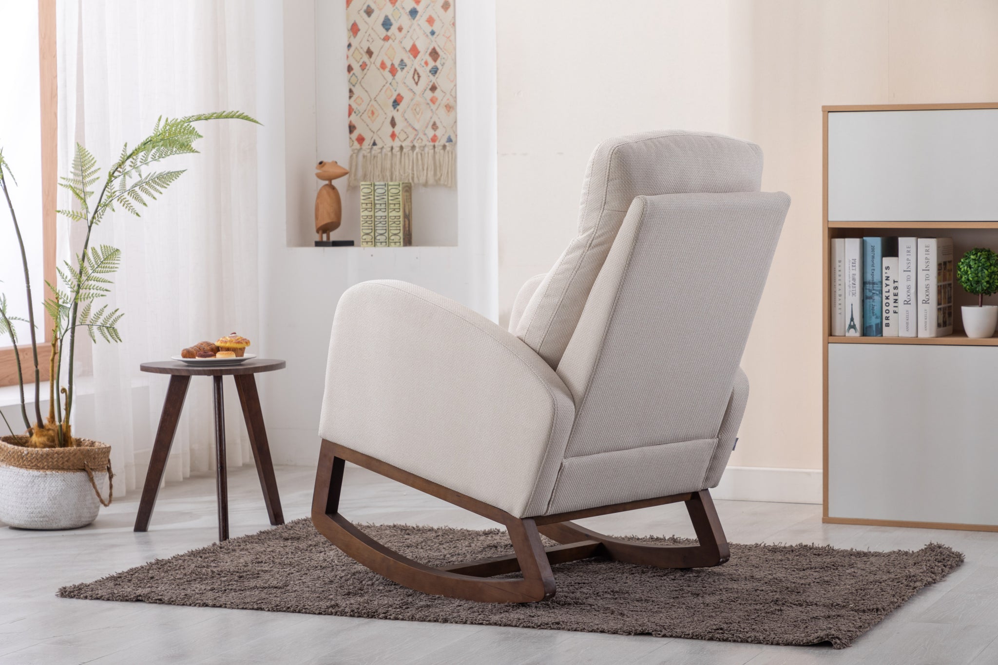 COOLMORE living room Comfortable rocking chair living beige-solid wood