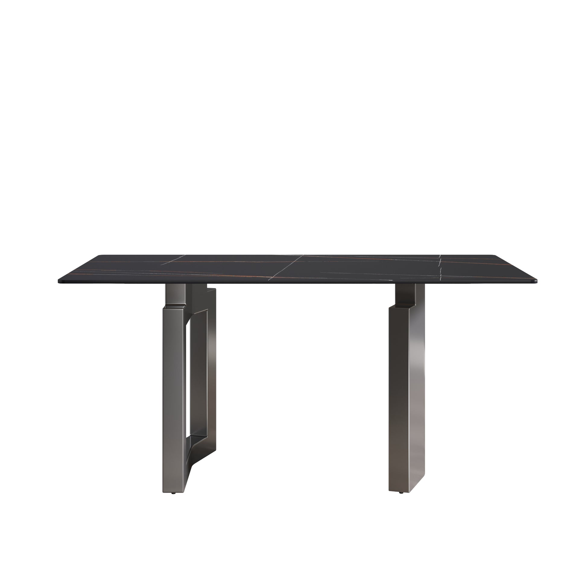 63"Modern Artificial Stone Black Straight Edge Black Metal Leg Dining Table 6 People Black Metal Sintered Stone