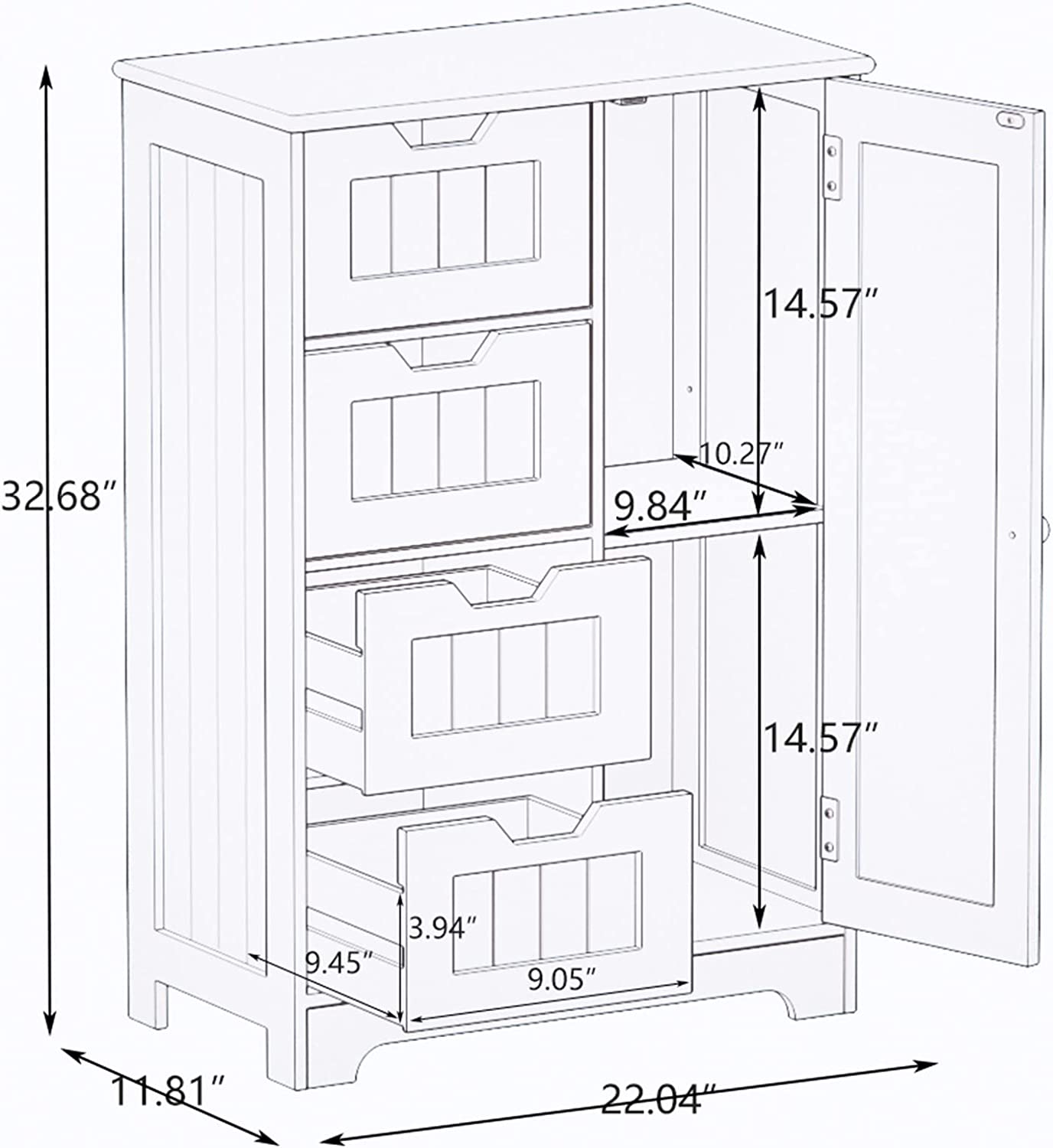 White Freestanding Floor Storage Cabinet With Adjustable Shelves, 4 Drawers And 1 Door White Mdf