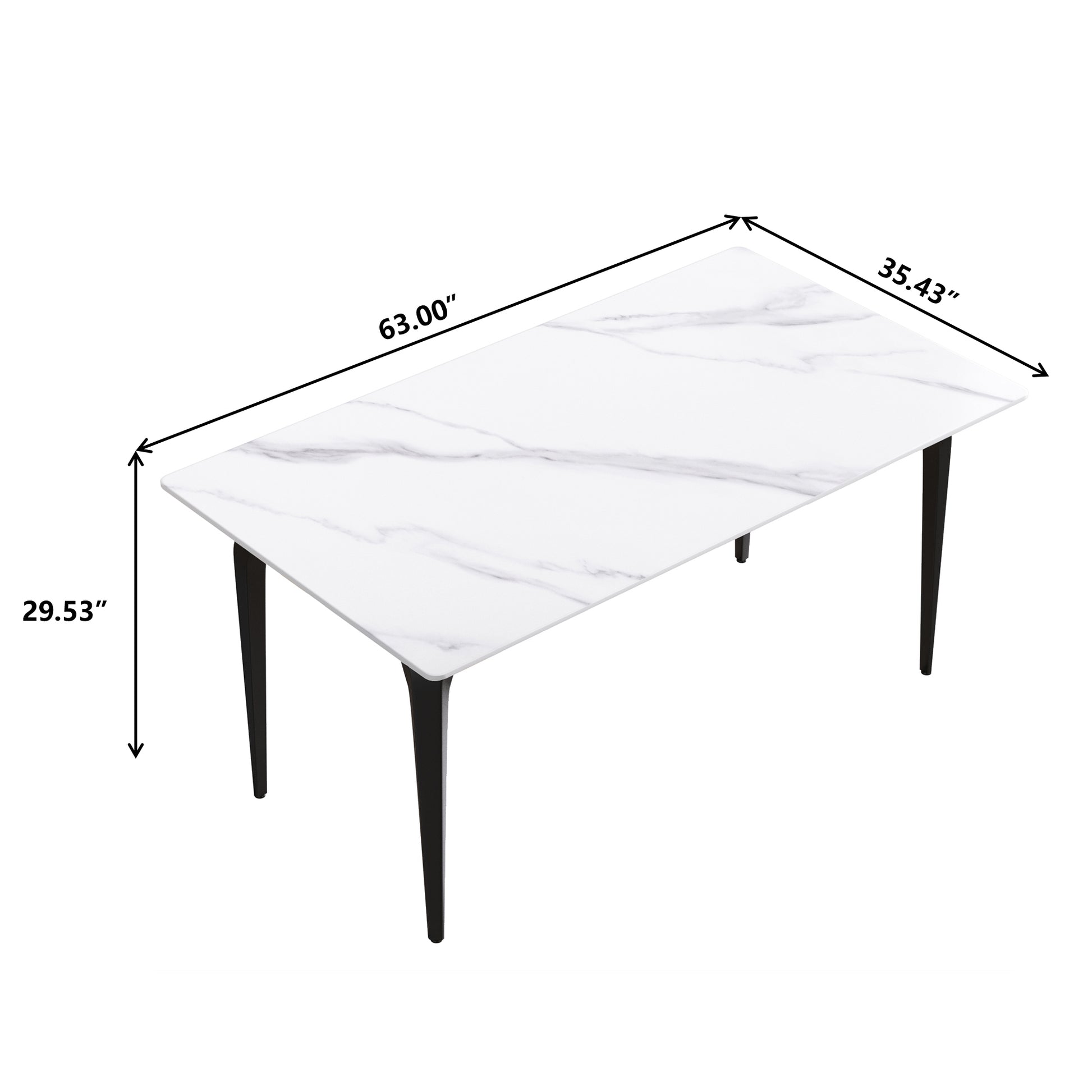 63"Modern Artificial Stone White Straight Edge Black Metal Leg Dining Table 6 People White Metal Sintered Stone