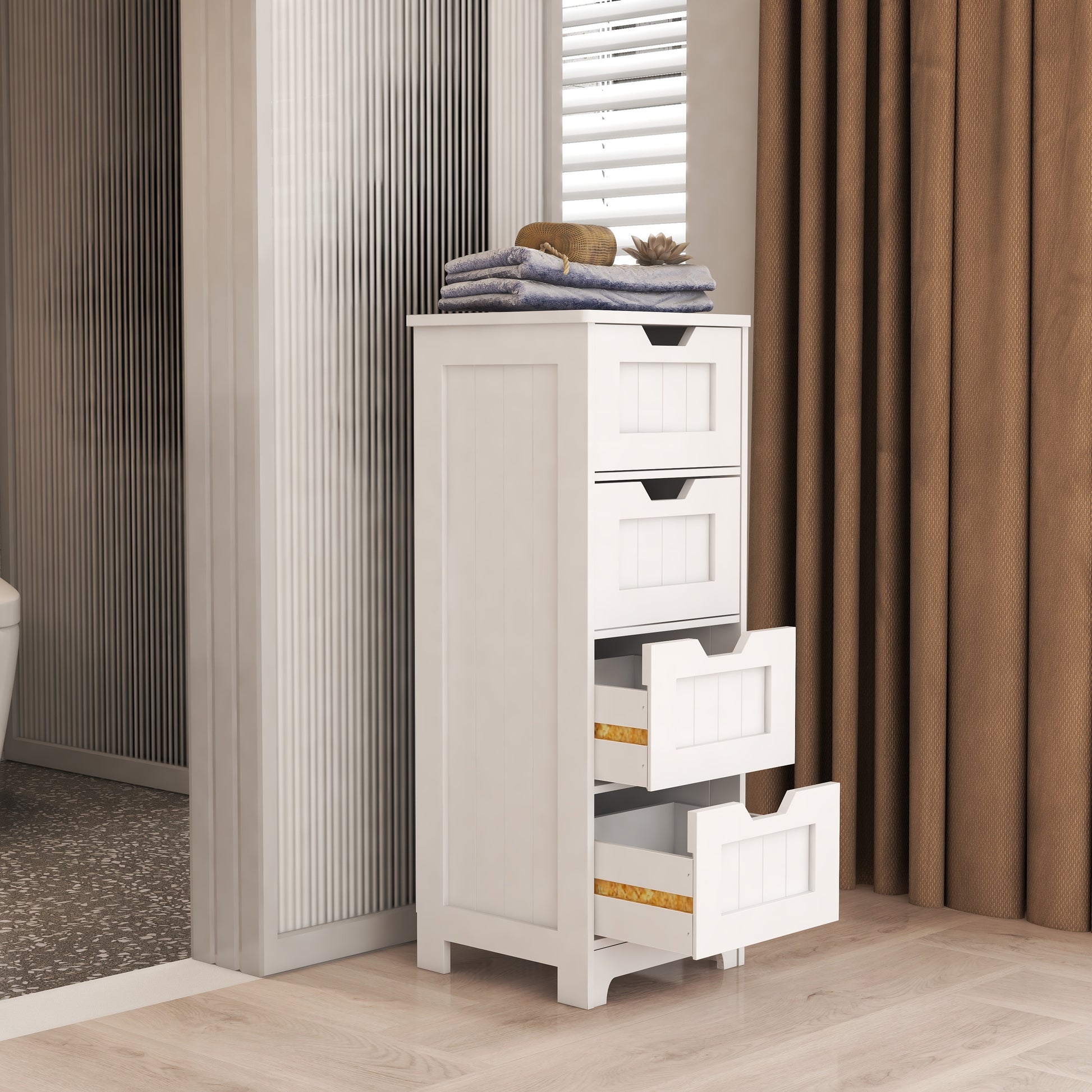 White Freestanding Storage Cabinet With 4 Drawers, Suitable For Bathroom, Living Room, Kitchen White Mdf