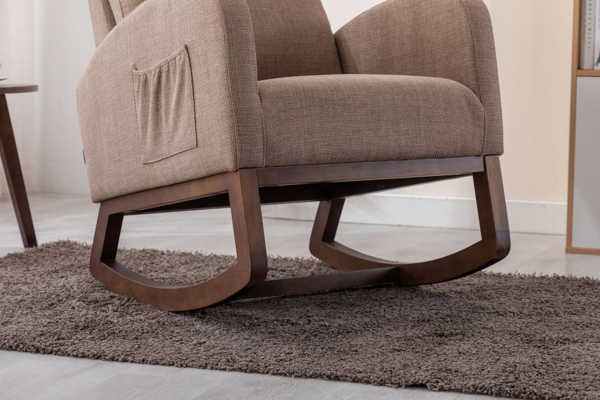 Coolmore Rocking Chair, Modern Glider Chair, Recliner Armchair With Wood Legs And Side Pocket, Nursery Rocking Accent Chair With High Back For Living Room Bedroom Camel Linen Camel Foam Solid Wood