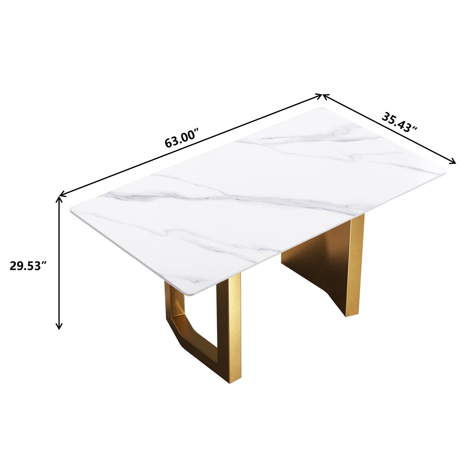 63"Modern Artificial Stone White Straight Edge Golden Metal Leg Dining Table 6 People White Metal Sintered Stone