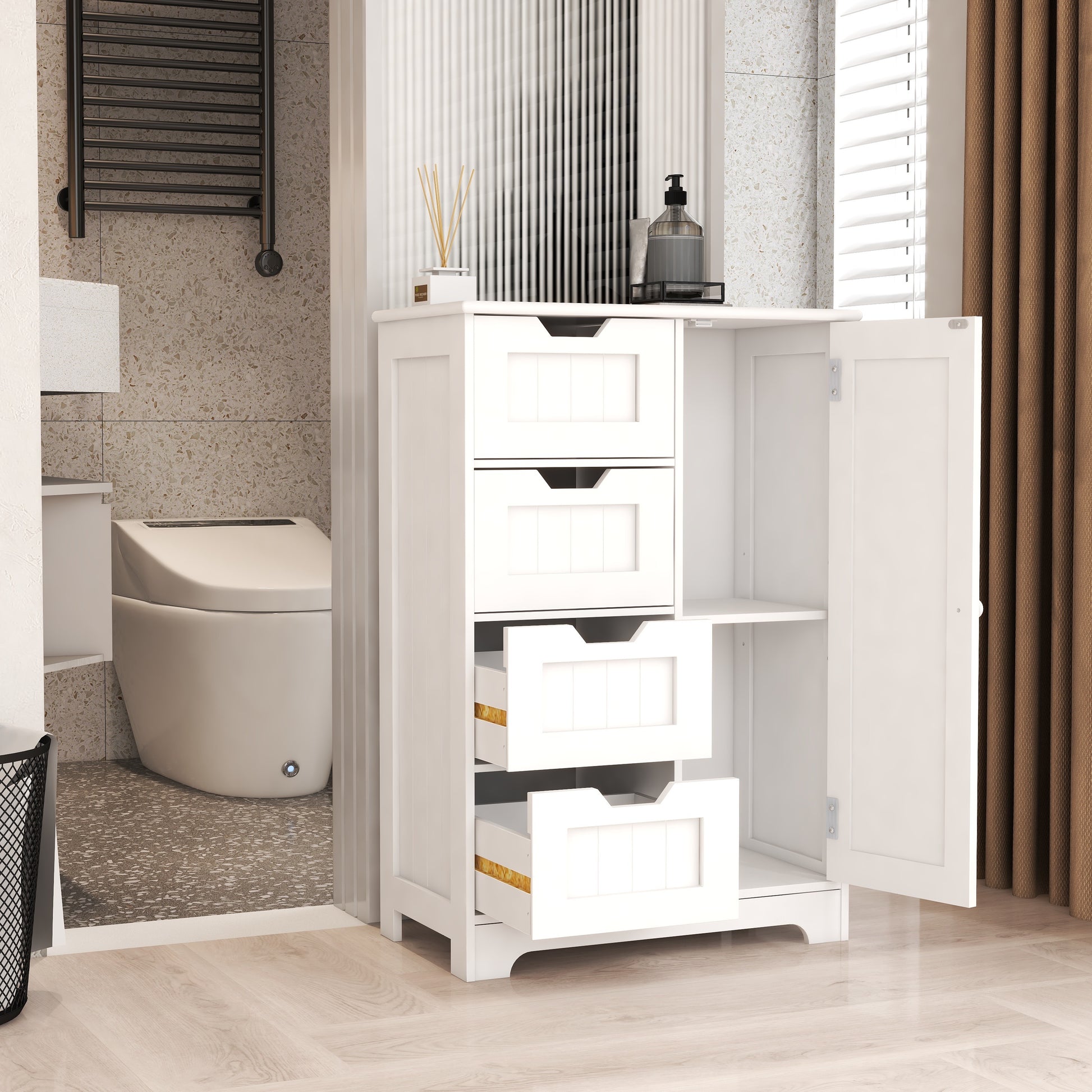 White Freestanding Floor Storage Cabinet With Adjustable Shelves, 4 Drawers And 1 Door White Mdf