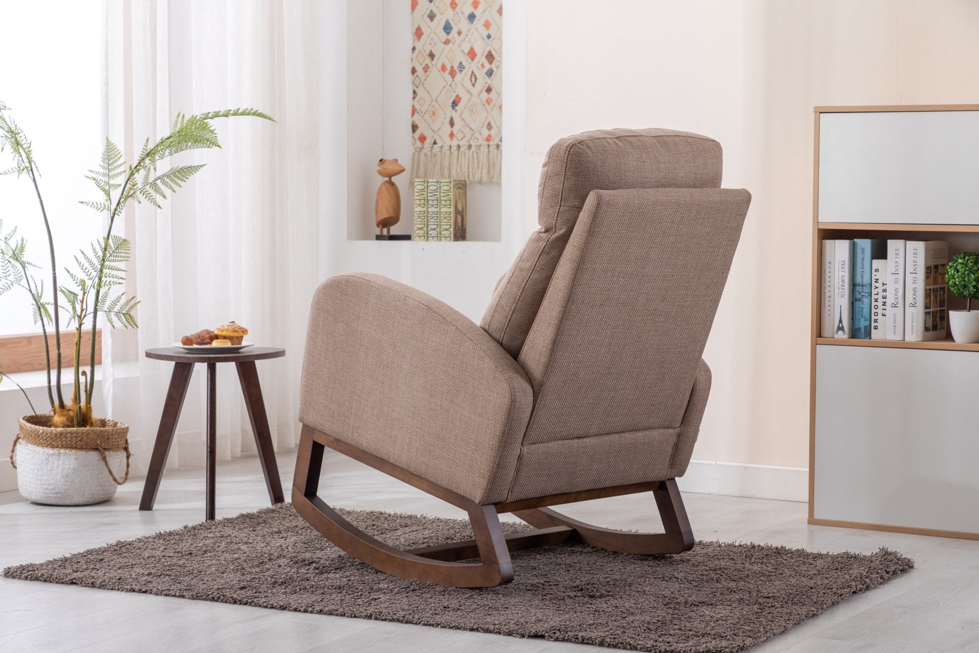 Coolmore Rocking Chair, Modern Glider Chair, Recliner Armchair With Wood Legs And Side Pocket, Nursery Rocking Accent Chair With High Back For Living Room Bedroom Camel Linen Camel Foam Solid Wood