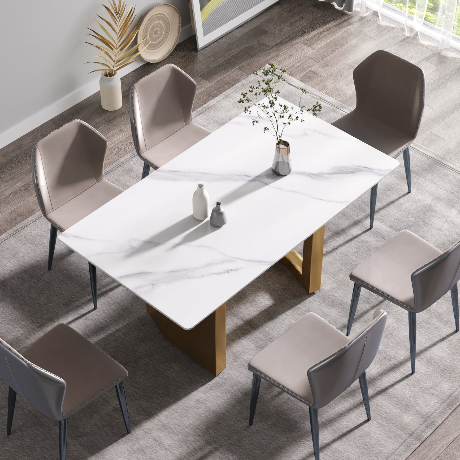 63"Modern Artificial Stone White Straight Edge Golden Metal Leg Dining Table 6 People White Metal Sintered Stone