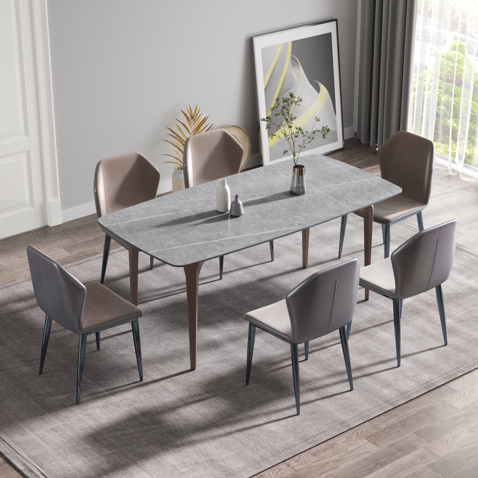 70.87"Modern Artificial Stone Gray Curved Metal Leg Dining Table Can Accommodate 6 8 People Gray Metal Sintered Stone
