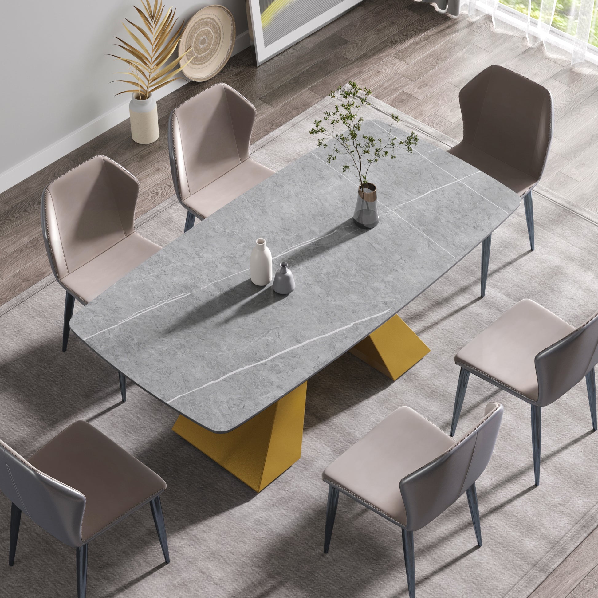 70.87"Modern Artificial Stone Gray Curved Golden Metal Leg Dining Table Can Accommodate 6 8 People Gray Metal Sintered Stone