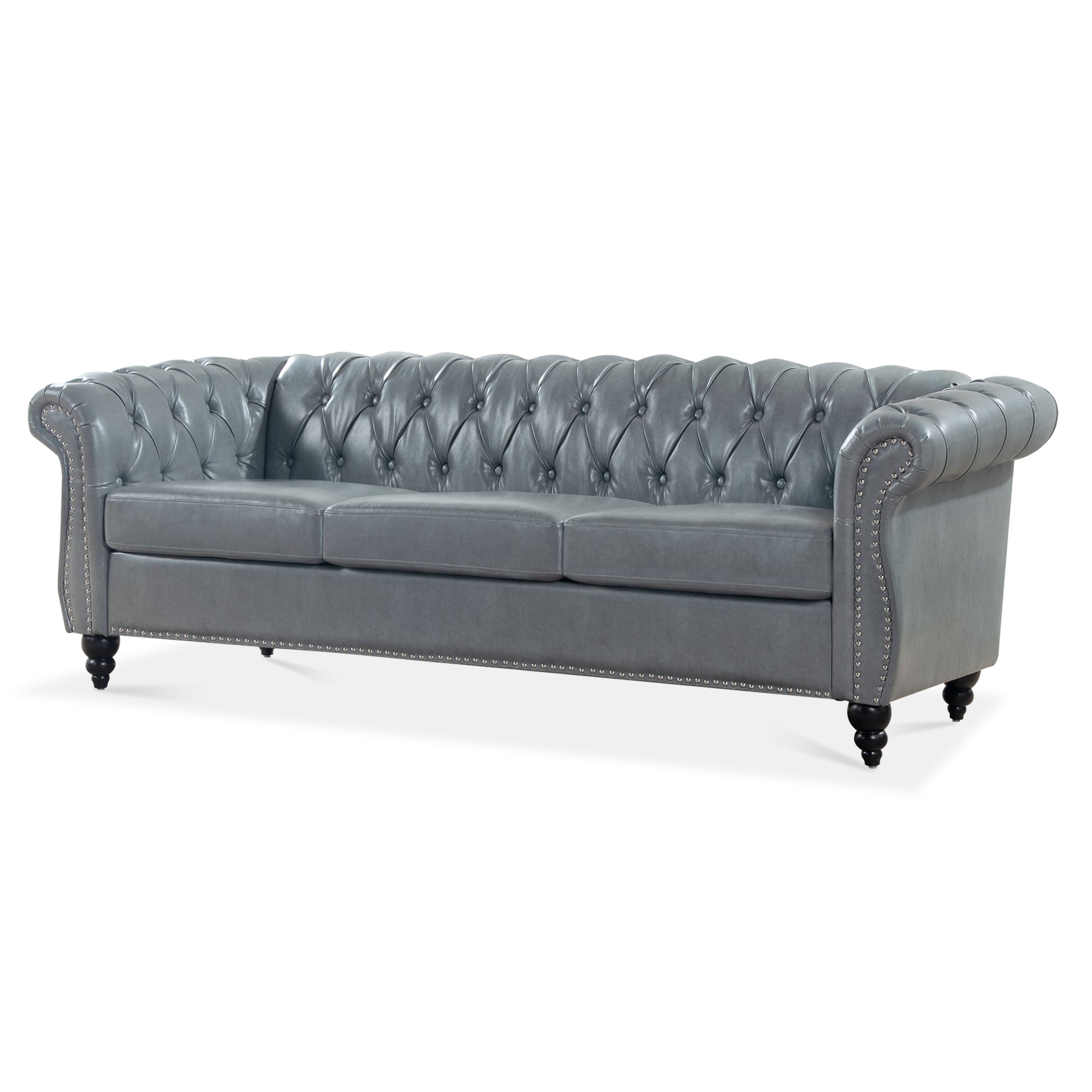 84.65" Rolled Arm Chesterfield 3 Seater Sofa. Grey Foam Pu