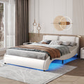 Queen Size Upholstered Faux Leather Platform Bed With Led Light Bed Frame With Slatted White Queen White Solid Wood