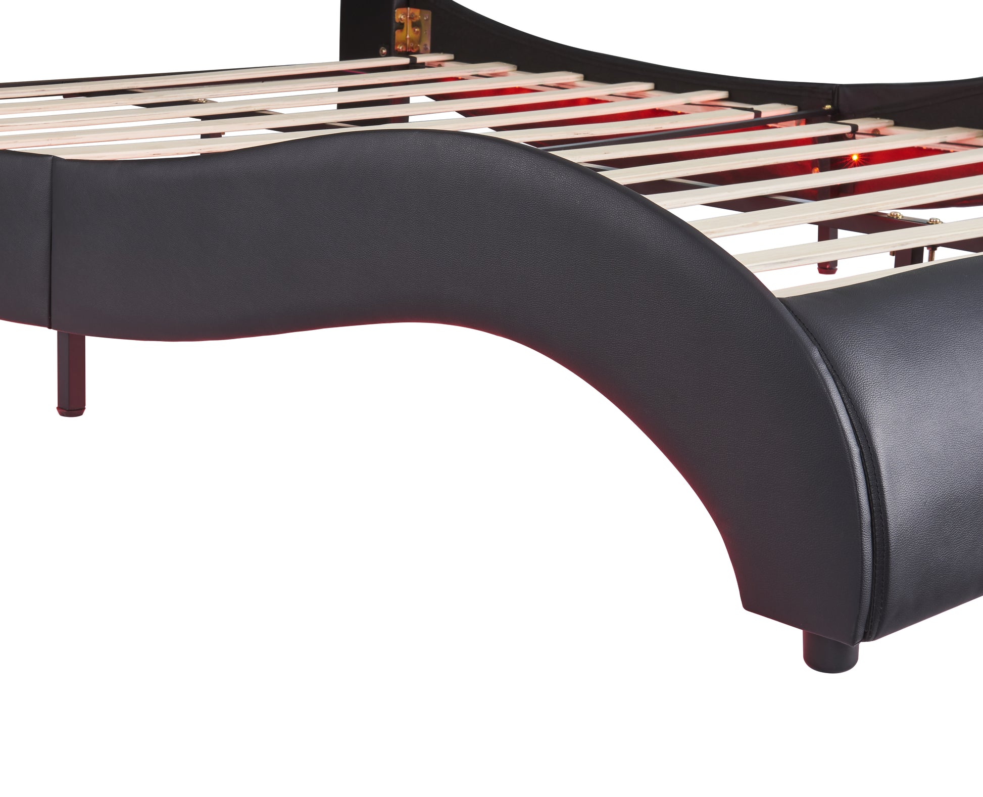 Queen Size Upholstered Faux Leather Platform Bed With Led Light Bed Frame With Slatted Black Queen Black Solid Wood