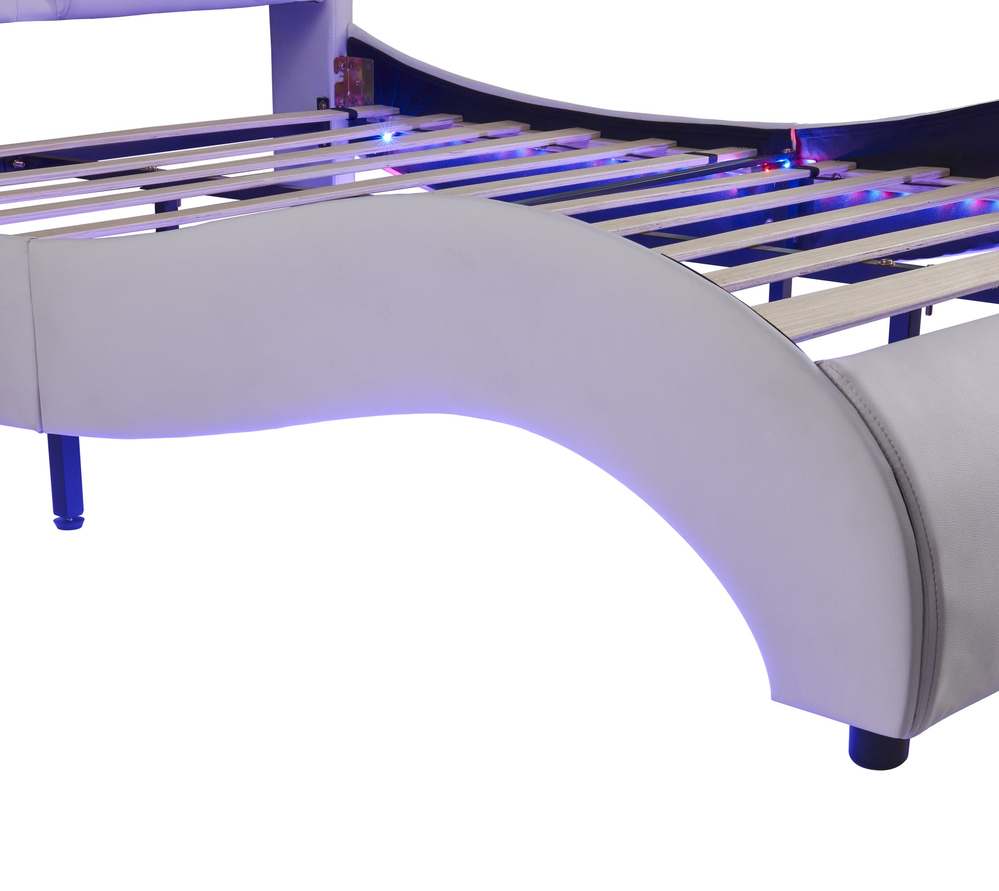 Full Size Upholstered Faux Leather Platform Bed With Led Light Bed Frame With Slatted White Full White Solid Wood