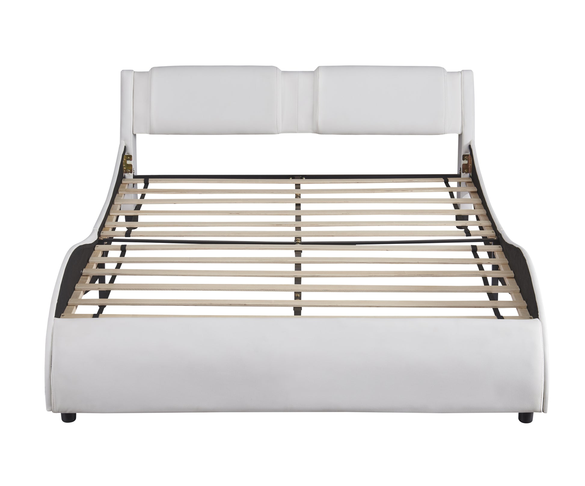 Queen Size Upholstered Faux Leather Platform Bed With Led Light Bed Frame With Slatted White Queen White Solid Wood