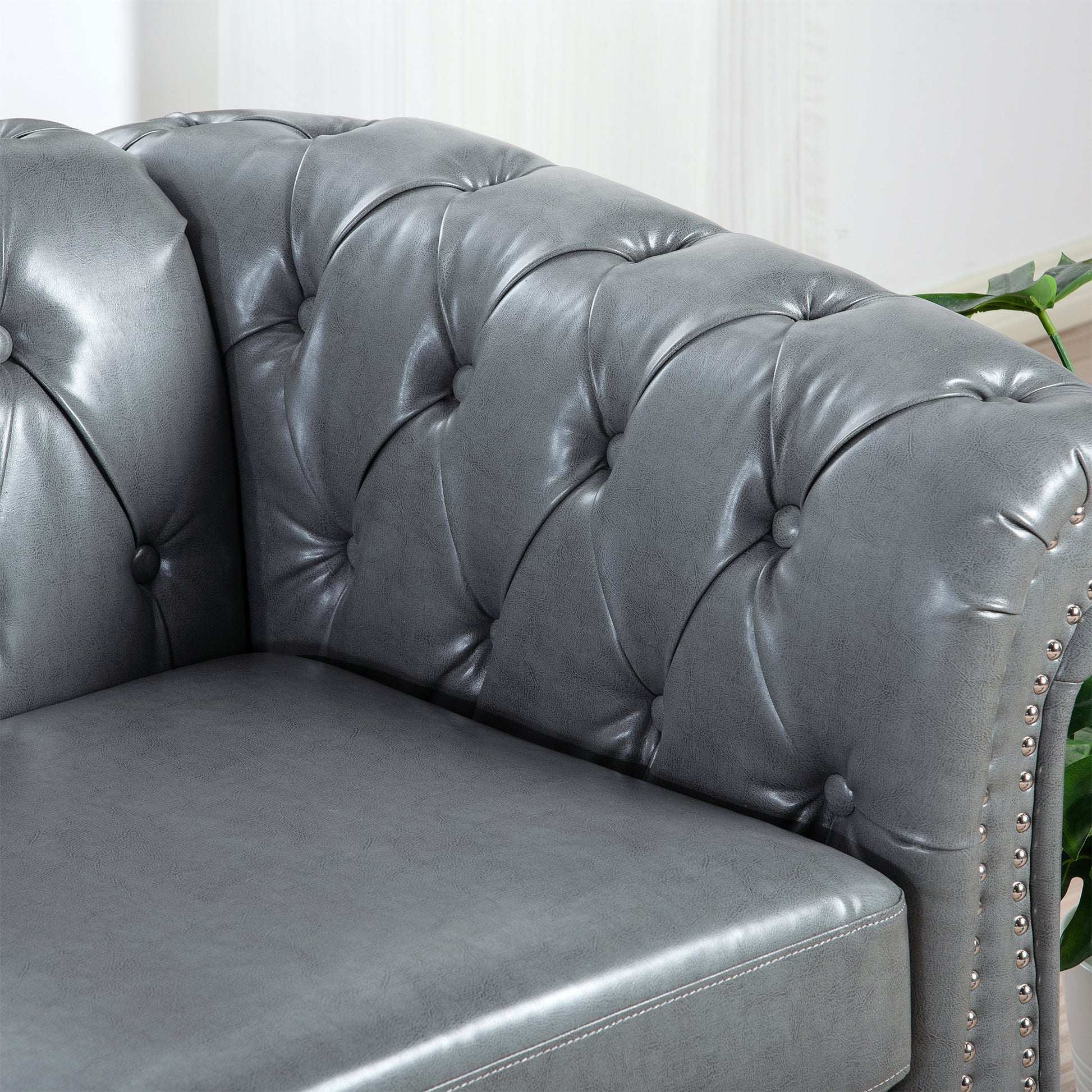 84.65" Rolled Arm Chesterfield 3 Seater Sofa. Grey Foam Pu