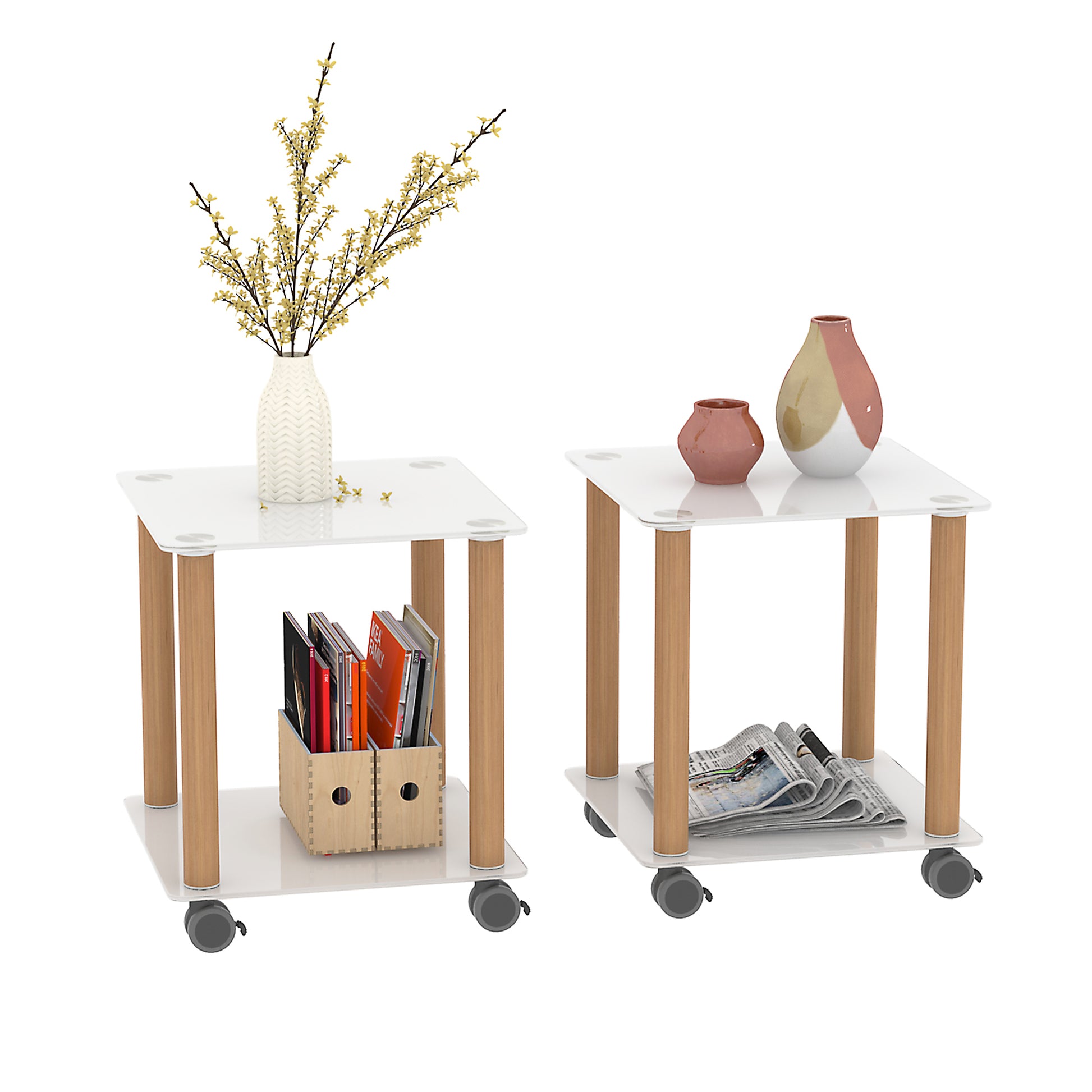 2 Piece White Oak Side Table2 Tier Space End Table ,Modern Night Stand, Sofa Table, Side Table With Storage Shelve White Glass