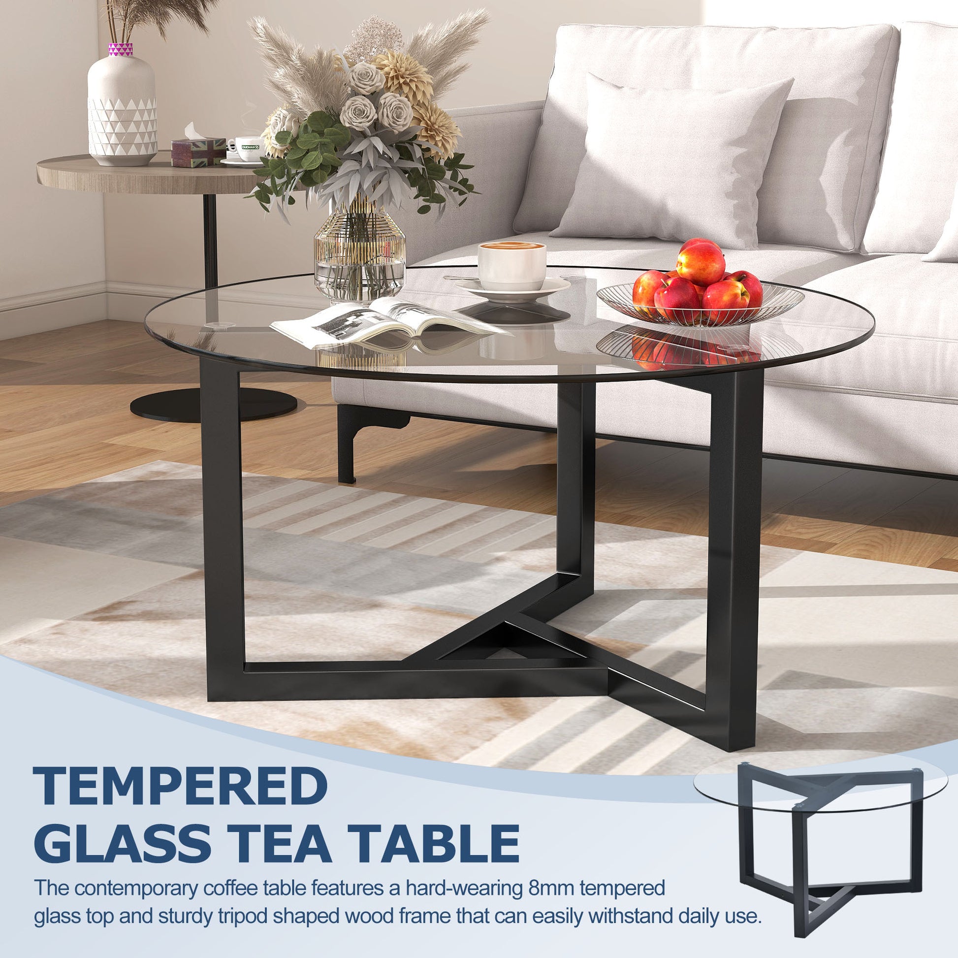 Round Glass Coffee Table Modern Cocktail Table Easy Assembly With Tempered Glass Top & Sturdy Wood Base Black Black Glass