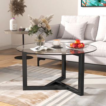 Round Glass Coffee Table Modern Cocktail Table Easy Assembly With Tempered Glass Top & Sturdy Wood Base Black Black Glass