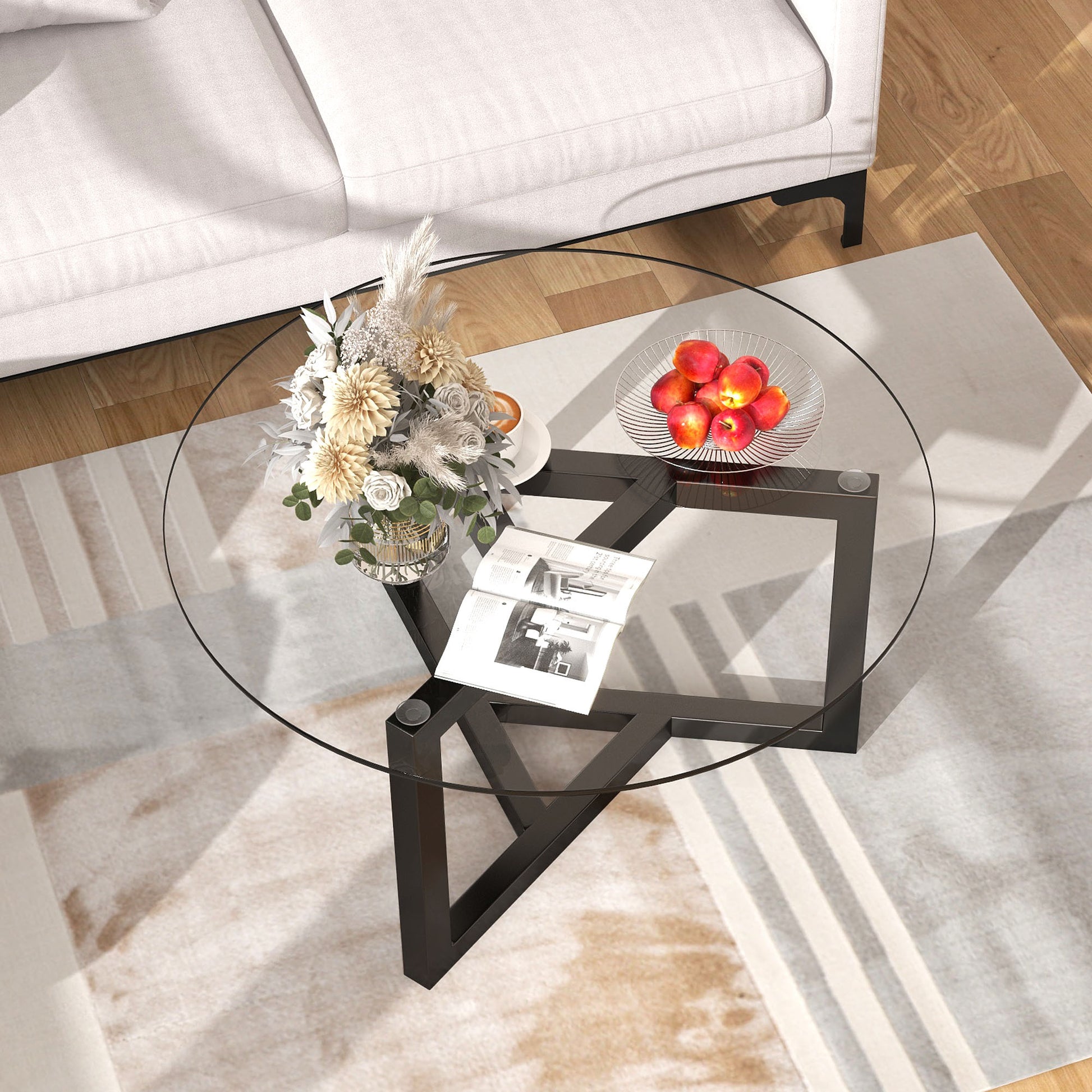 Round Glass Coffee Table Modern Cocktail Table Easy Assembly With Tempered Glass Top & Sturdy Wood Base Black Black Glass