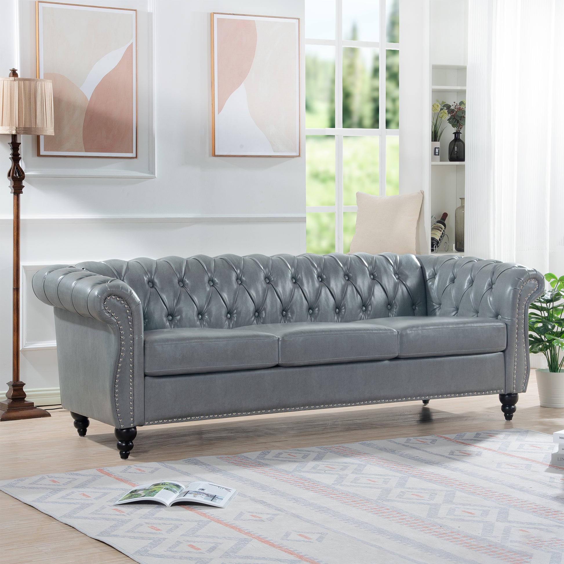 84.65" Rolled Arm Chesterfield 3 Seater Sofa. Grey Foam Pu