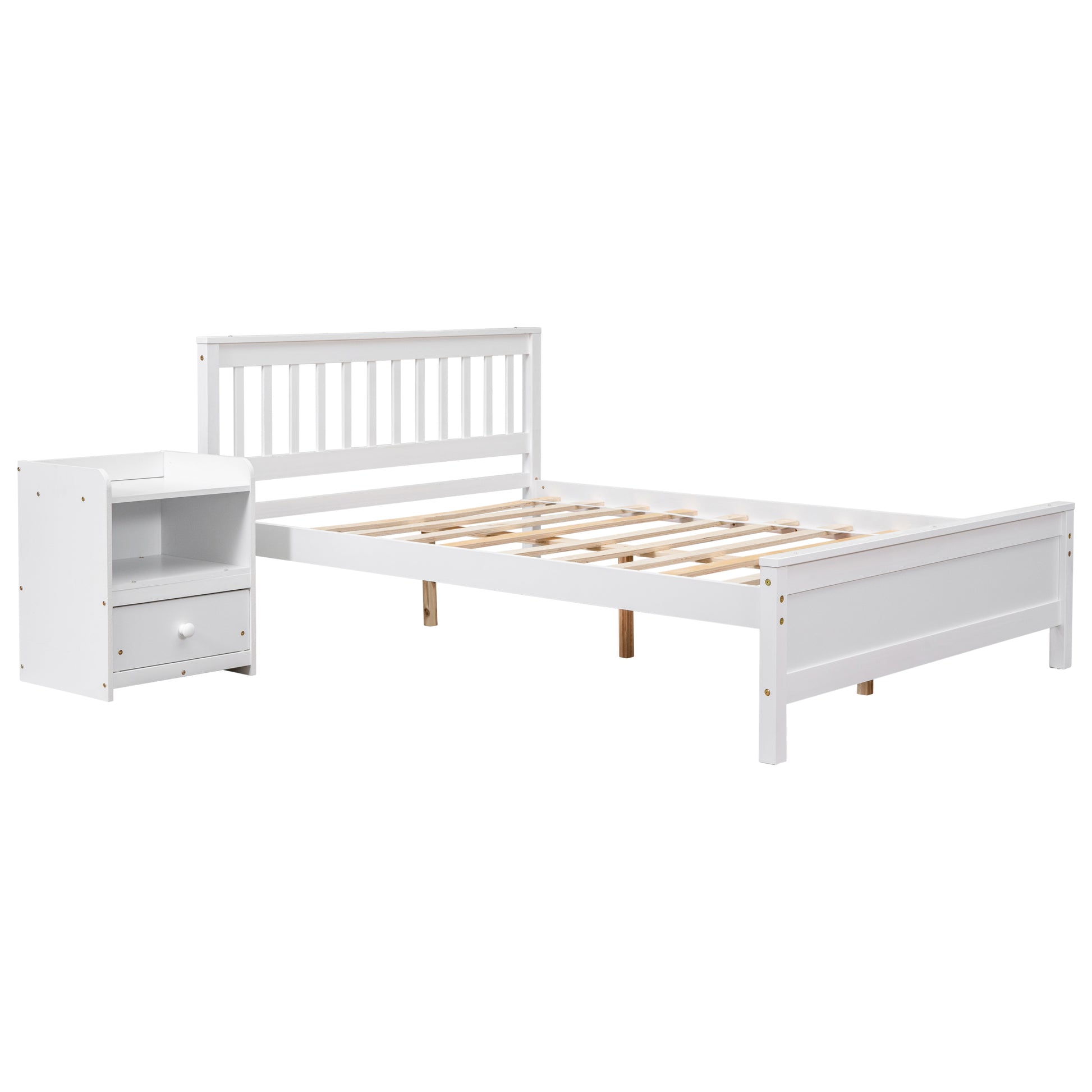 Full Bed With Headboard And Footboard For Kids, Teens, Adults,With A Nightstand ,White White Pine