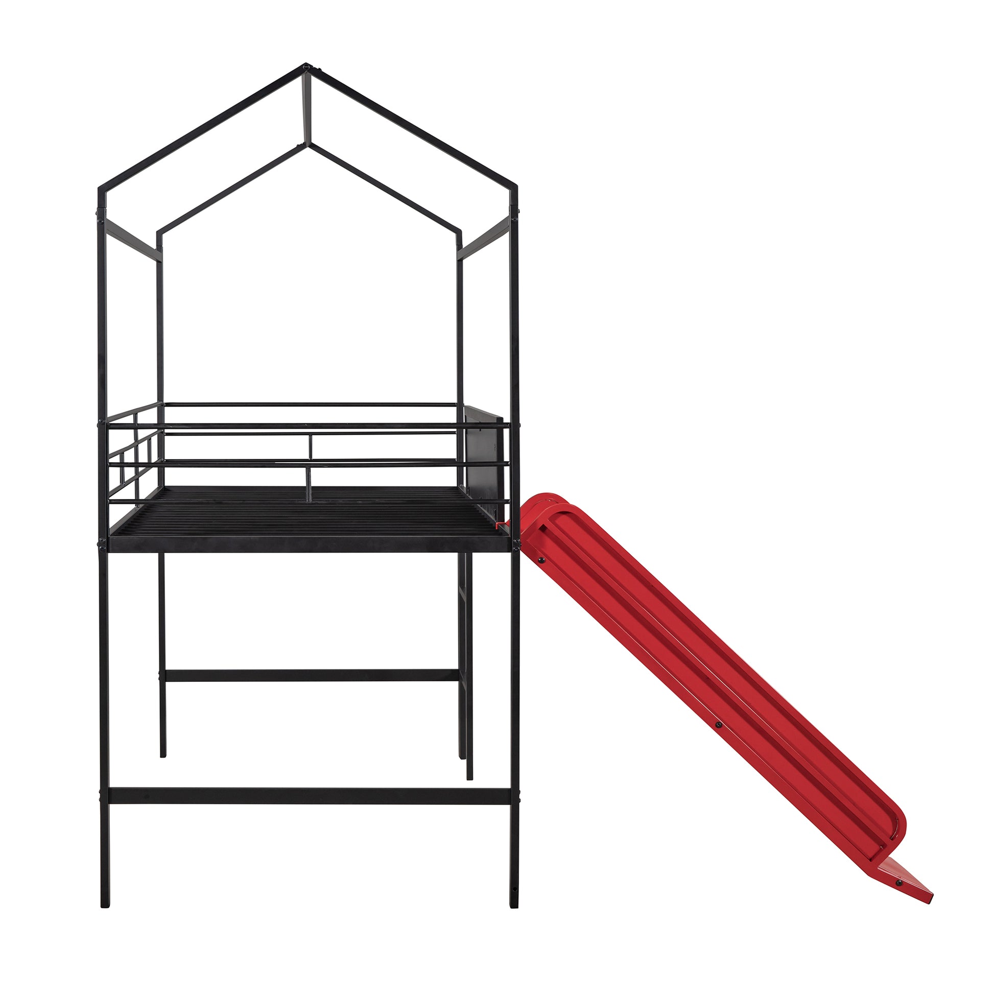 Metal House Bed With Slide, Twin Size Metal Loft Bed With Two Sided Writable Wooden Board Black And Red Black Metal