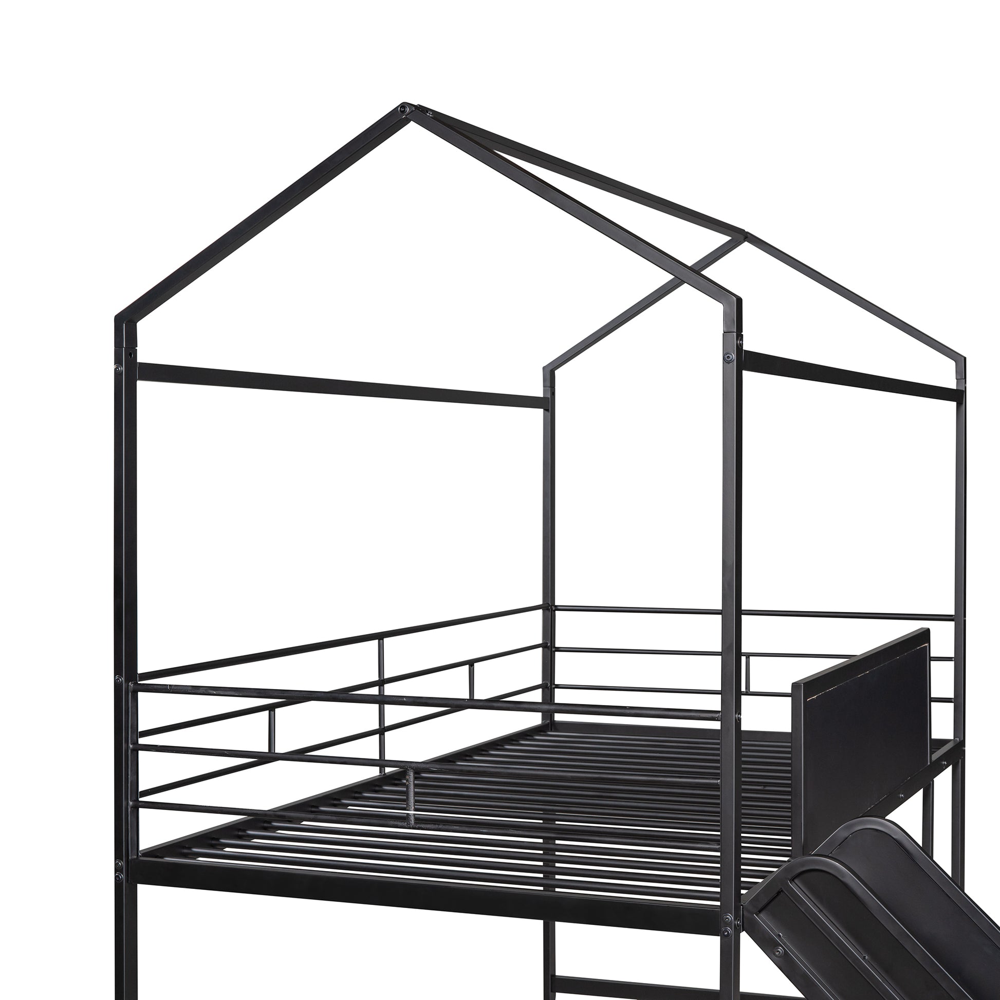 Metal House Bed With Slide, Twin Size Metal Loft Bed With Two Sided Writable Wooden Board Black Black Metal