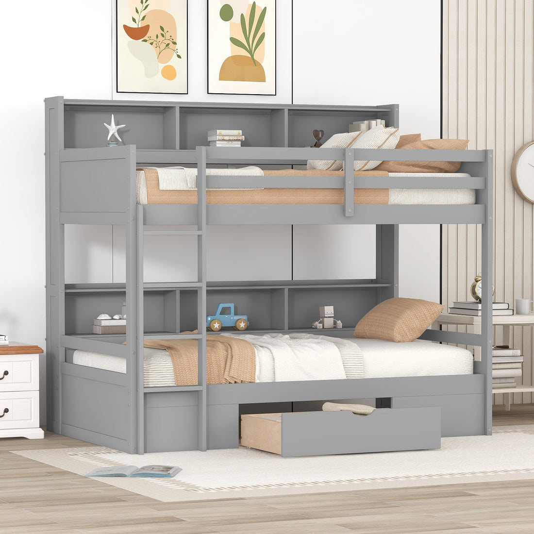 Twin Size Bunk Bed With Built In Shelves Beside Both Upper And Down Bed And Storage Drawer,Gray Gray Pine