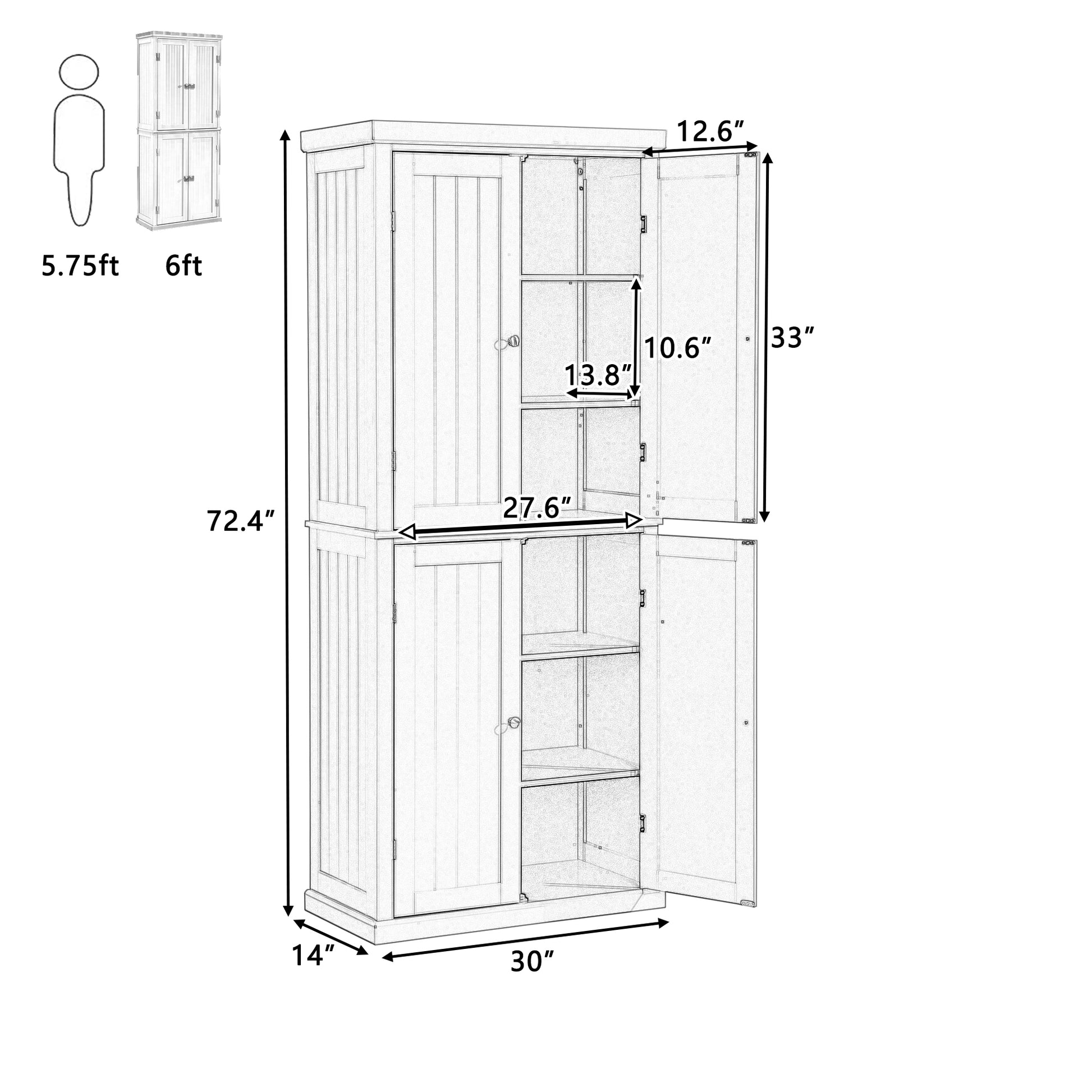 Freestanding Tall Kitchen Pantry, 72.4" Minimalist Kitchen Storage Cabinet Organizer With 4 Doors And Adjustable Shelves,Gray Gray Gray Kitchen Casual Adjustabel Shelves Mdf