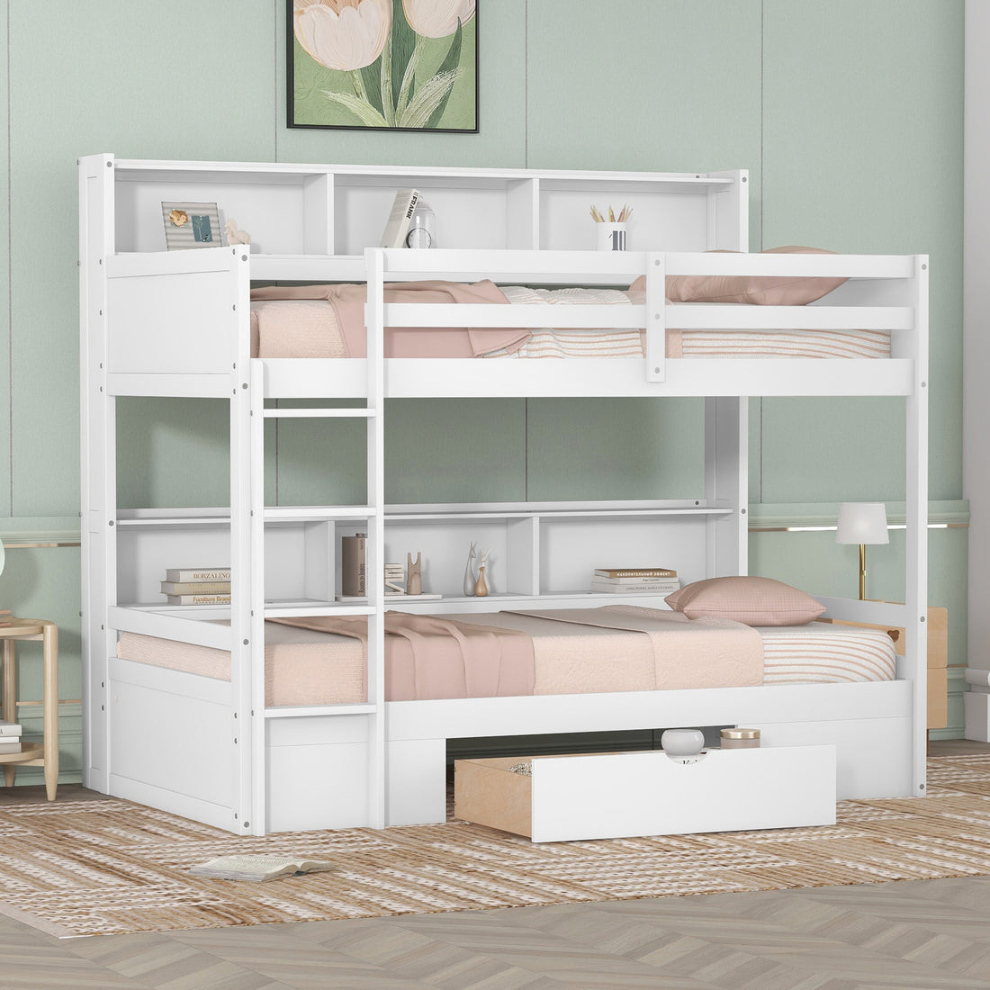 Twin Size Bunk Bed With Built In Shelves Beside Both Upper And Down Bed And Storage Drawer,White White Pine