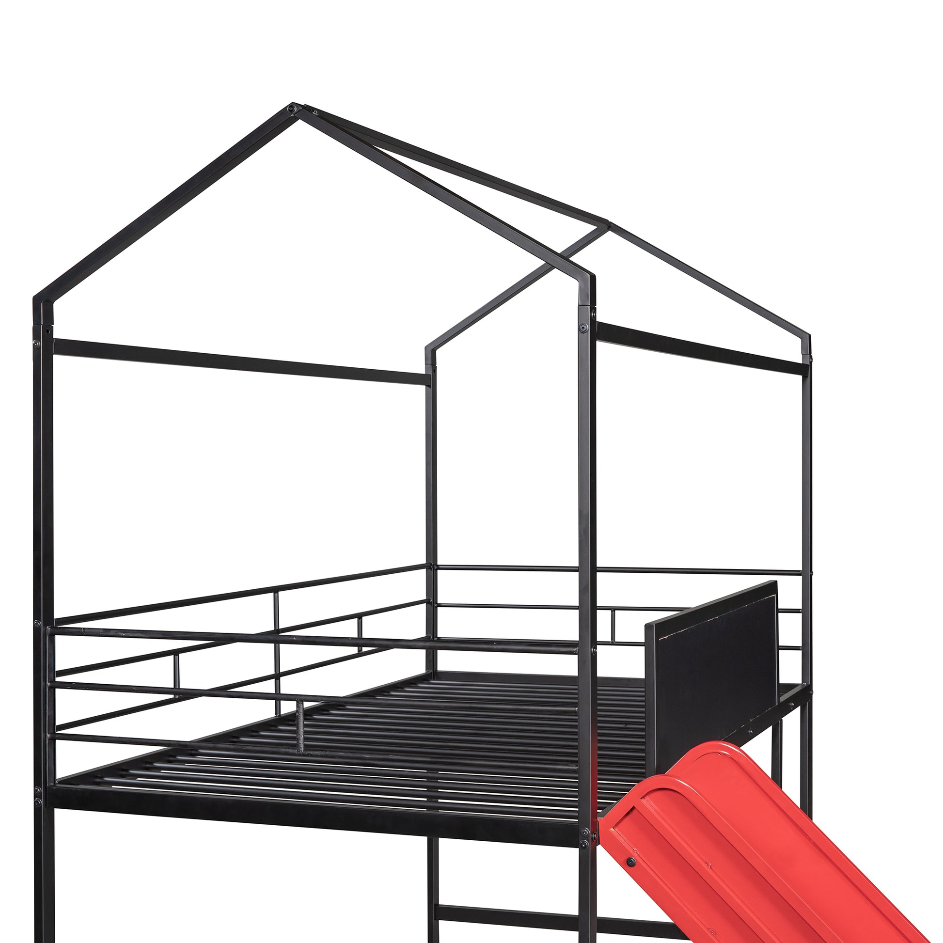 Metal House Bed With Slide, Twin Size Metal Loft Bed With Two Sided Writable Wooden Board Black And Red Black Metal