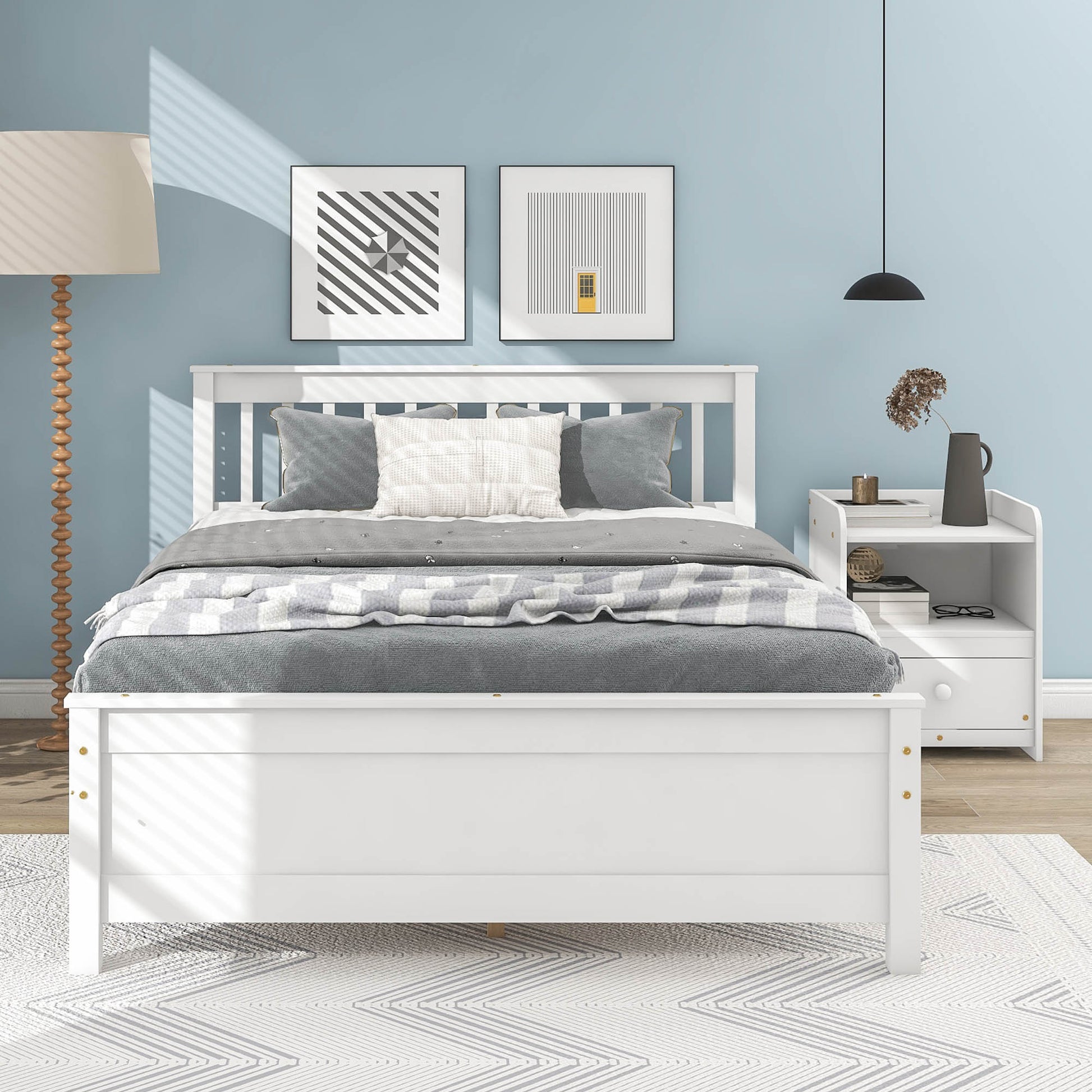 Full Bed With Headboard And Footboard For Kids, Teens, Adults,With A Nightstand ,White White Pine