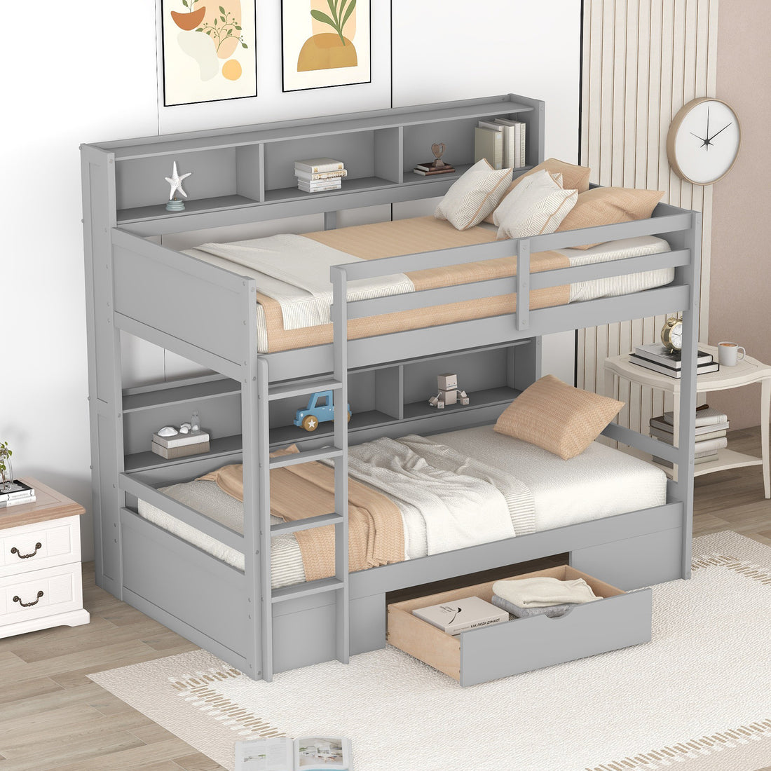 Twin Size Bunk Bed With Built In Shelves Beside Both Upper And Down Bed And Storage Drawer,Gray Gray Pine