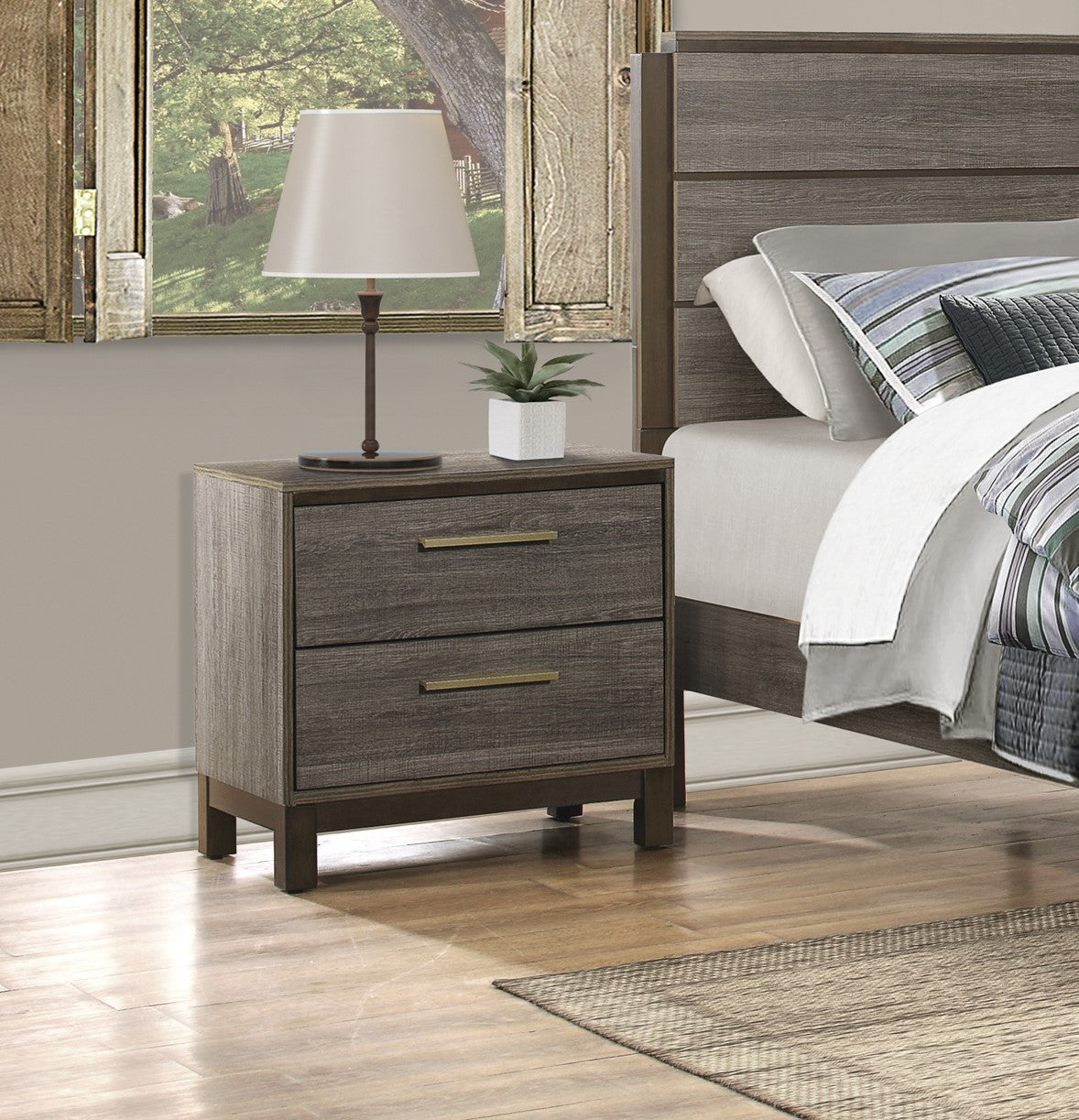 Contemporary Styling 1Pc Nightstand Of 2X Drawers W Antique Bar Pulls Two Tone Finish Wooden Bedroom Furniture Brown Mix 2 Drawers Bedroom Contemporary Wood