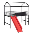 Metal House Bed With Slide, Twin Size Metal Loft Bed With Two Sided Writable Wooden Board Black And Red Black Metal