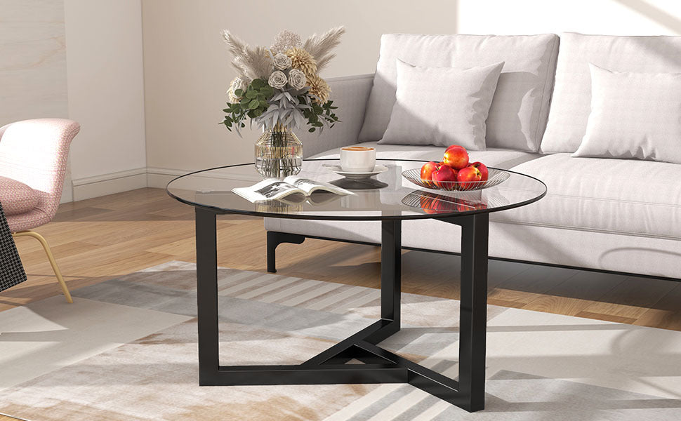 Round Glass Coffee Table Modern Cocktail Table Easy Assembly With Tempered Glass Top & Sturdy Wood Base Black Black Glass