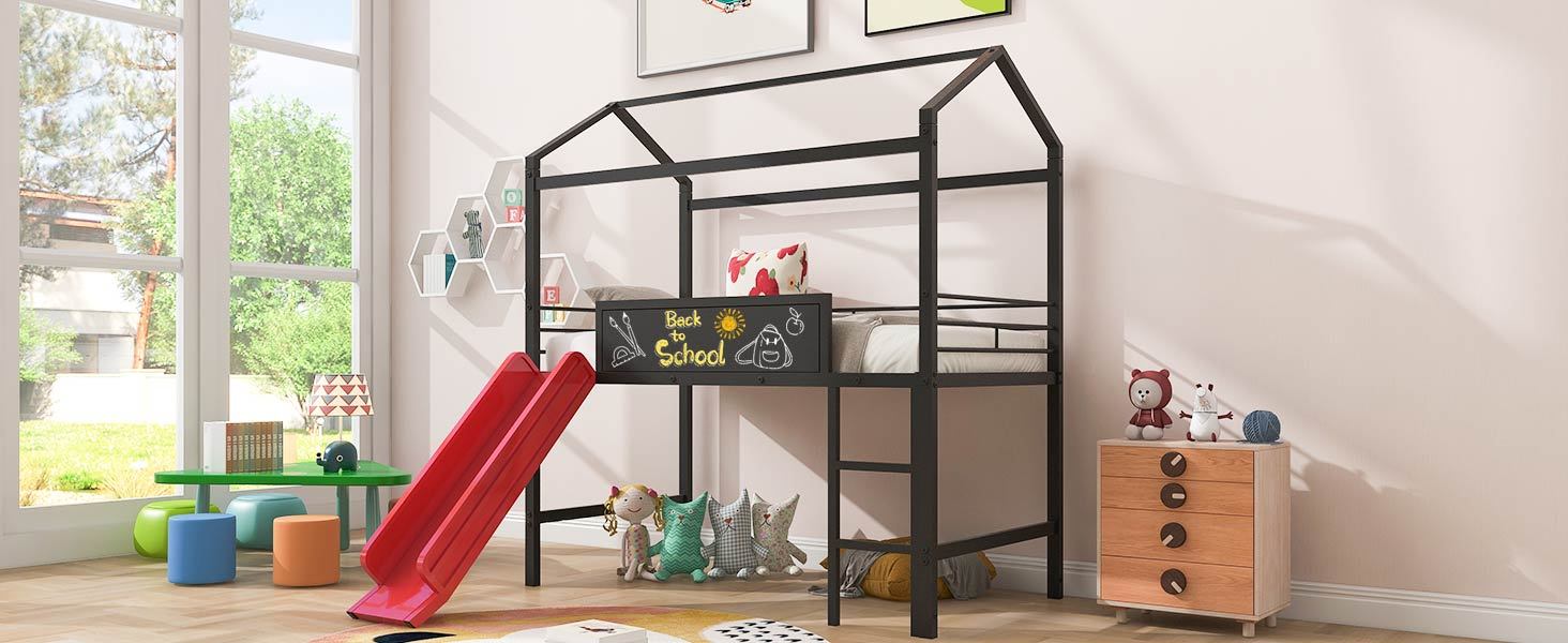 Metal House Bed With Slide, Twin Size Metal Loft Bed With Two Sided Writable Wooden Board Black And Red Black Metal