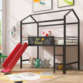 Metal House Bed With Slide, Twin Size Metal Loft Bed With Two Sided Writable Wooden Board Black And Red Black Metal