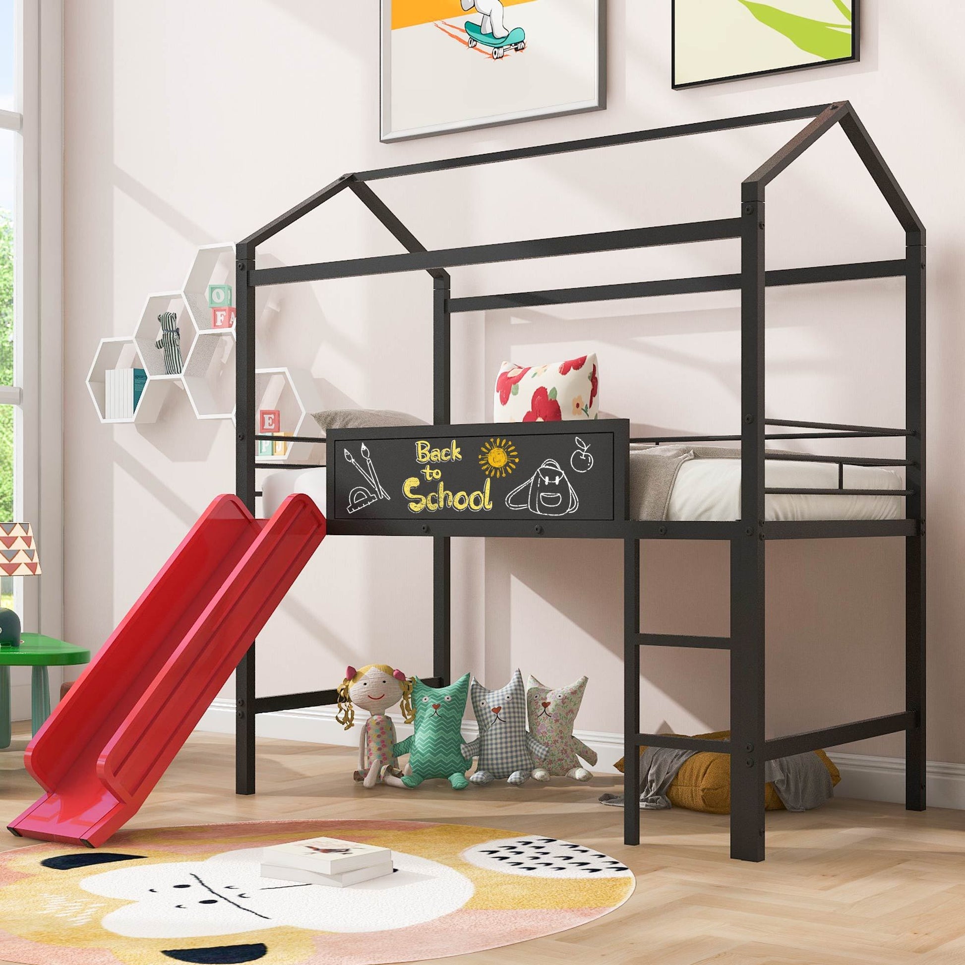Metal House Bed With Slide, Twin Size Metal Loft Bed With Two Sided Writable Wooden Board Black And Red Black Metal
