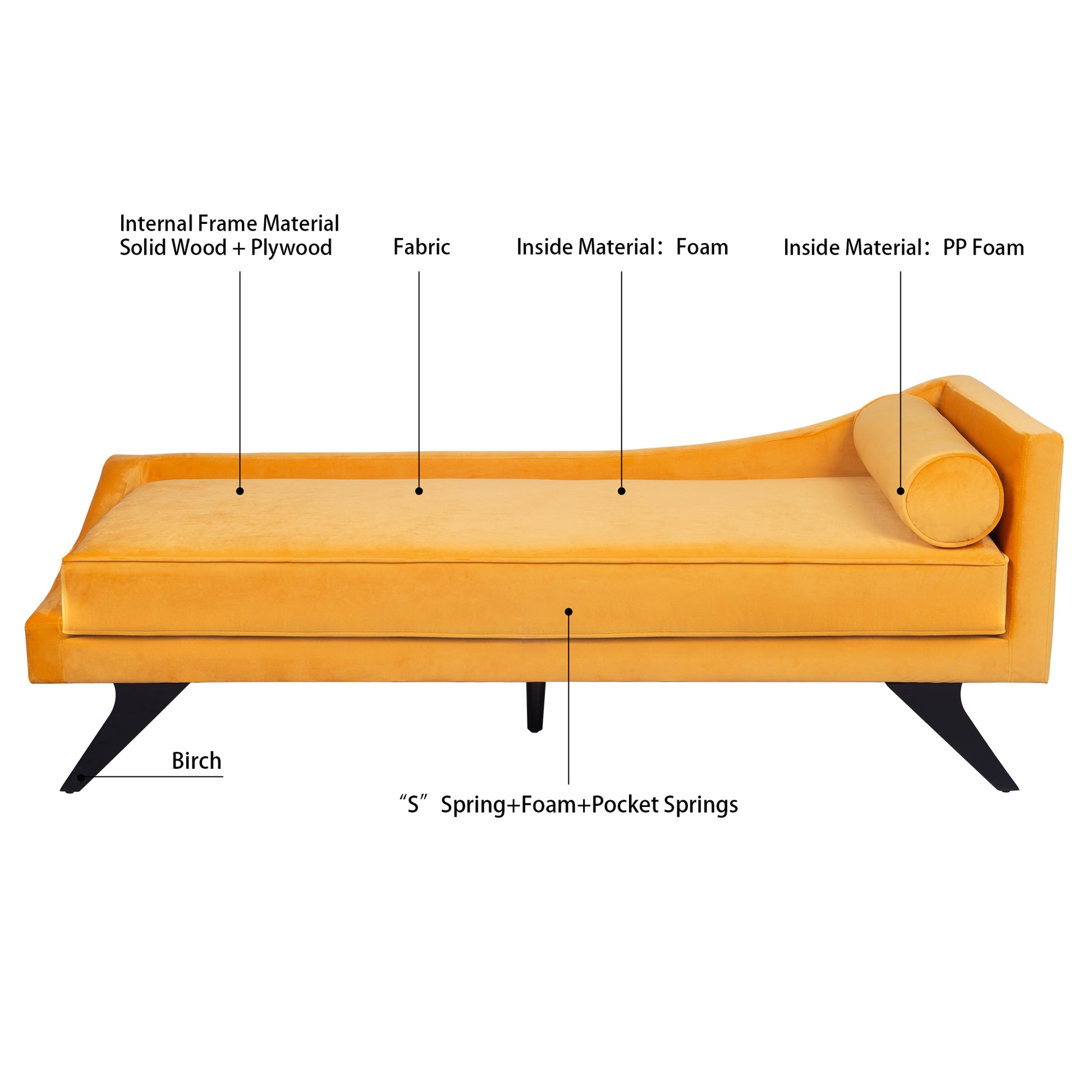 Right Square Arm Reclining Chaise Lounge Yellow Fabric